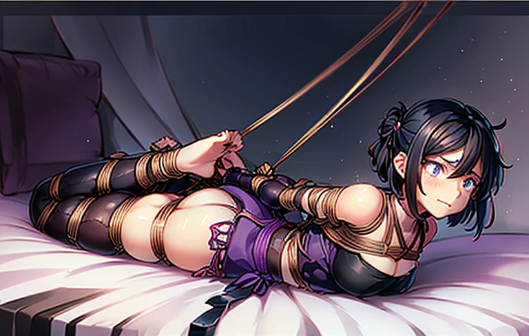 bibiBS, 1girl, black hair, short hair, cross earrings, purple jacket, pink shirt, crop top, black pants, black boots, cute and blushing 18 years old anime girl, look away because she is embarrassed and blushes, bright blue eyes, detailed face, detailed members, detailed arms, detailed hands, Girl lying, tied by ropes, shackled, can no longer move, tied tightly, very hard tied up with lots of ropes, hampered by so many ropes that she can no longer move, bound hands and feet, ropes tie his whole body, tied extremely tightly and forcefully to her bed by a lot of ropes, its limbs are strongly tied together by ropes, his torso is tied up with thick cords, her chest is so tied up with ropes that it sticks out, her legs are tied tightly with thick ropes, his hands are tied behind his back with ropes, she can no longer move her feet, her hands which are tied by thick ropes, she desperately tries to free herself, likes to be tied tight with big ropes, likes to be immobilized by big ropes, lying down, his hands and feet are strongly tied to the railing of his bed, his legs are pressed together and tied with ropes, its limbs are held vigorously by imposing ropes, her hands are tied securely behind her back by ropes, her chest is compressed by strong ropes, she is pressed against her bed and restrained by large ropes, (shibari, arms behind the back:1.4), (hands on the back), (masterpiece, best quality) 1.5, 1girl, solo, (sexy, beautiful woman, perfect face, perfect eyes, perfect hands), samus aran, (hands on the back), Spread the legs, s' ((lie in bed by big ropes)), ((close up of the girl)), ((((lie in bed)))), ((((arms tied behind the back, Legs Tied,La fille est allongée sur le ventre, La fille est allongée sur le sol:1.5)))), ((((girl seen from behind:1.4)))), ((((girl lying down on her stomach:1.4)))), ((((Outstretched arms:1.5)))), ((((Detailed hands:1.5))))