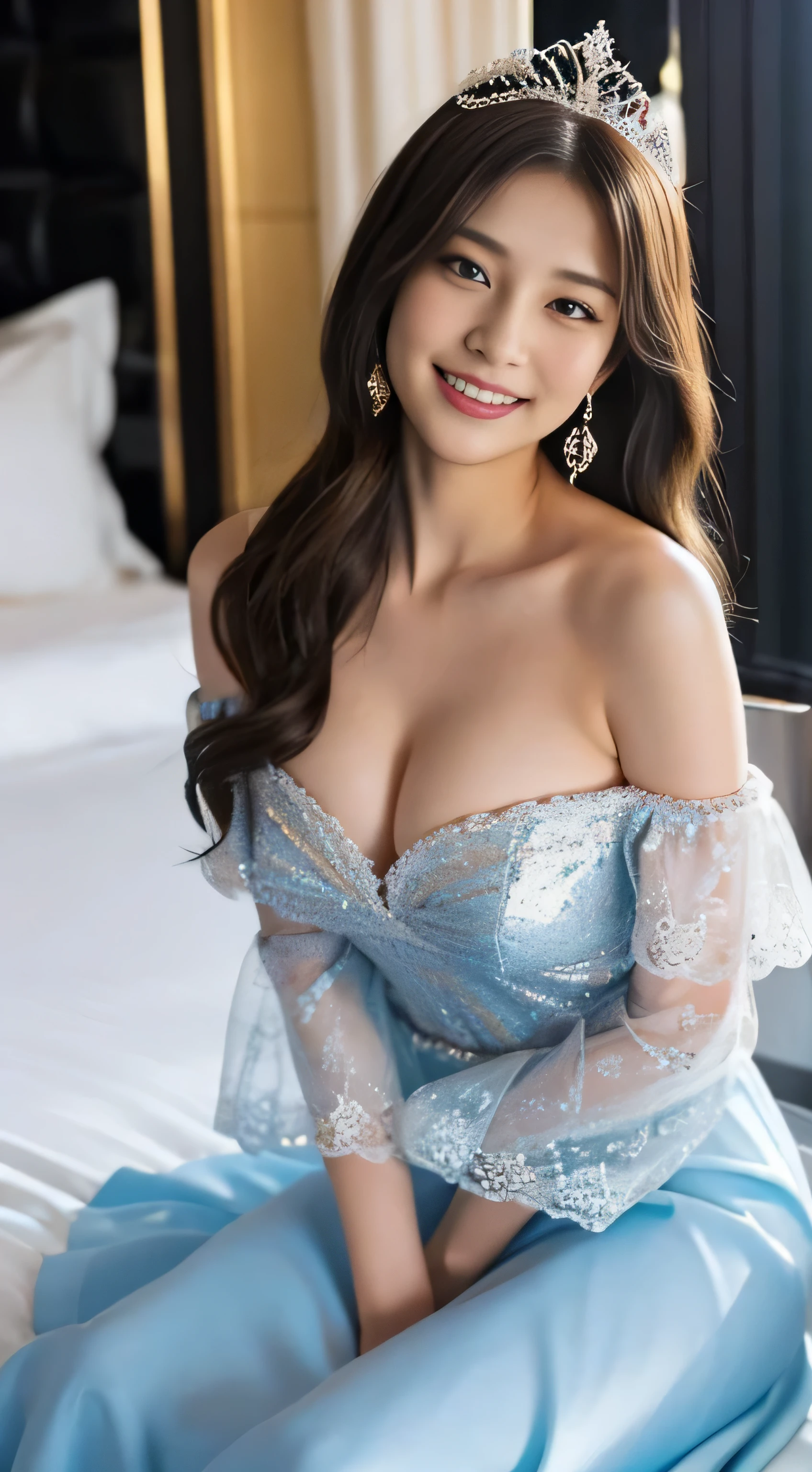 20-year-old female，，big soft breasts、Seductive pose，(Gorgeous off-the-shoulder princess dress:1.2)，Dark blonde hair，Blue Eye Aximalism，Pink lace panties are visible，(Delicate pattern:1.1)，(Exquisite costumes:1.1)，(Yellow-white tone)，Princess Tiara，See-through transparent clothing，Beautifully detailed face，Bedroom scenes in western mythology，Soft big breasts、night，The only person，(Flowing skirt:1.1)，luxury hotel bedroom，race,(Shine:1.2), (highest quality), (Tabletop:1.2)、Shy laugh、A pose that emphasizes the chest、