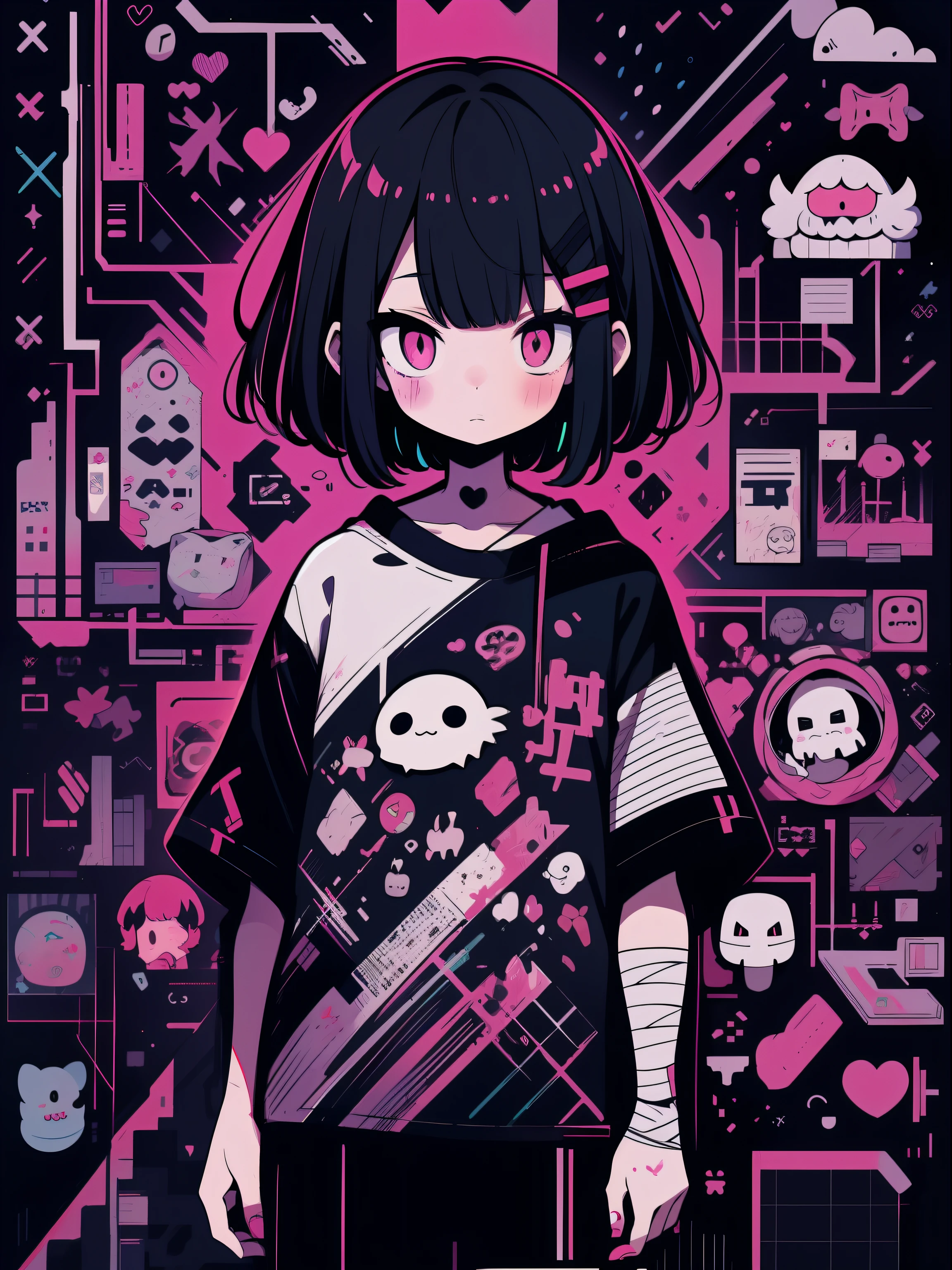 high quality、Neon color palette、quality of'image de haut niveau、Fille Kawaii、An unprecedented amount of drawing、style anime、Geometric pattern background、style d'autocollant、cheveux courts、sombre hair、yeux marrons, Messy hair, to death, des pansements, loose clothes, T-shirt ample, l'automutilation, professeur, sombre, depressed, cernes, Yeux lourds, sombre eyes, sang, effrayant, eroprofesseur, sombre circles, Neon, fatigue des yeux, problem, retro, effrayant, Demon, globe oculaire, ghost, horreur, sangied, colourful sang, problem