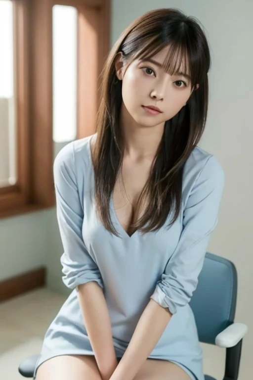 (masterpiece:1.2), super detailed, ultra high resolution, (realistic, photo realistic:1.37), High-definition RAW color photos, professional photos, dramatic lighting, sharp focus:1.2, (Highly detailed face and skin texture, very fine eyes, shiny skin, glowing skin, glowing skin, shining face, luster, oily skin, oily face, oily skin, oily face, Strong gloss), perfect anatomy, highly detailed background, 1 female, 30 year old woman, Japanese woman, (medium hair, straight hair, bangs:1.3, brown hair), (scrawny:weight1.0), (flat chest:1.3),, Wearing a tight navy blue uniform、I'm wearing a white shirt underneath, I can see a little bra, office lady, mini skirt, stockings, garter belt, Wearing black heels, full body shot, sitting on the desk ((office room)), (open legs:1.3, show panties:1.3), fascinating face, little smile, naïve eyes, narrow your eyes, reach the audience, offside looking up, look at the viewer, shoot from above、nsfw, nipple