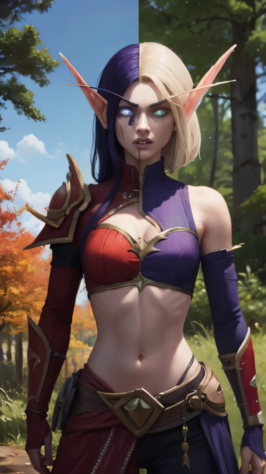 (Masterpiece, highly detailed, highly quality,  highly resolutions), SplitScreen, split screen, BREAK nightelf, angry, clenched teeth, blood stains on faces, glowing eyes, blue eyes, Purple Hair, colored skin, mature female, purple midriff, navel, purple spike shoulder pad, platinum trim, green leaves, looking at viewer, forest, night, bare shoulders, spring season, SplitScreen, split screen, BREAK bldelf, angry, clenched teeth, blood strains on faces, glowing eyes, yellow eyes, Blonde hair, colored sclera, mature female, red short shirt, navel, red shoulder pad, gold trim, yellow leaves, looking at viewer, forest, day, bare shoulders, Fall season