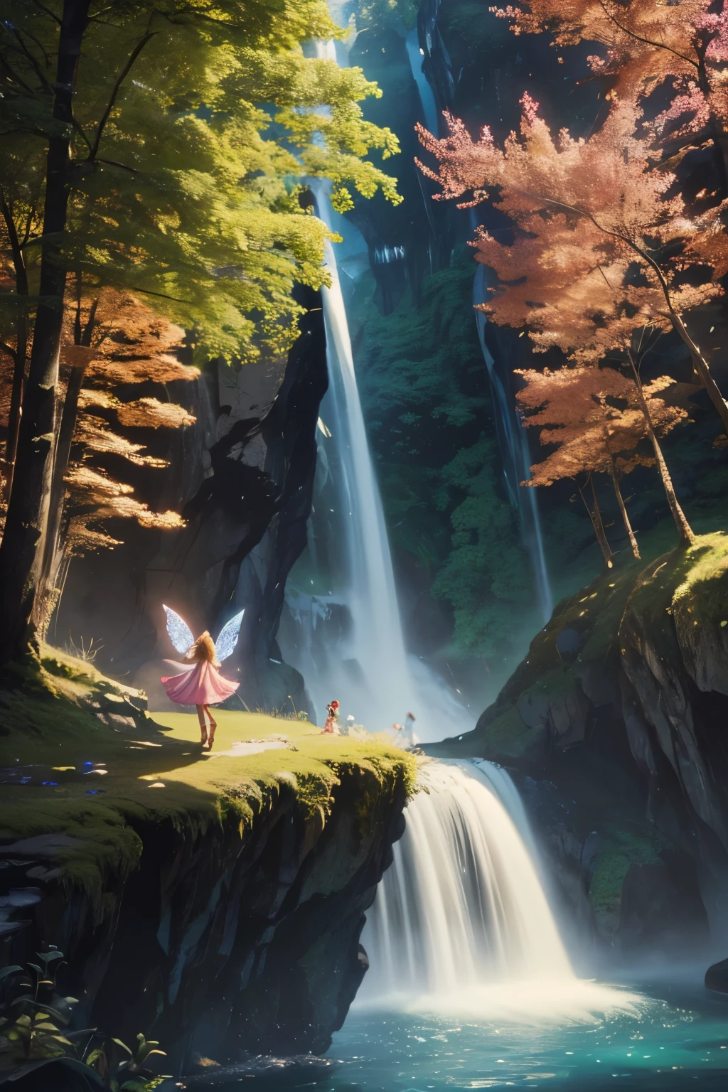 The breathtaking views of towering cliffs overlooking the majestic waterfalls、At the top is some arched stone、Captured in stunning matte paintings in incredible 8K resolution。This vertical wallpaper masterpiece is、The grandeur of nature is beautifully depicted with every brushstroke.、Transporting you to a world of wonder and awe。Immerse yourself in the intricate detail of this realistic fantasy rendering、It's a digital painting meticulously created in the highest possible resolution - 8K.。The level of detail and depth in this piece is unparalleled.、It showcases the skill and talent of artist Jessica Rossier.。Immerse yourself in the beauty of this 4K rendered matte painting、Every element comes to life with unparalleled realism。When you step into the third dimension、
An image of 3 fairies with unique features living in an enchanted forest. The first fairy has long, golden hair, blue dress and transparent wings. The second fairy has short, red hair, a green dress, and sparkling wings. The third fairy has curly brown hair, pink dress and wings with colorful sparkles. The image should convey the joy and magic of the fairies, with vivid and vibrant colors. Digital illustration, fantastic art style, top-quality、Smooth straight blonde hair、(best quality, masterpiece:1.4, beautiful and aesthetic), 8K, (HDR:1.4), high contrast, extremely detailed, hyper realistic, absurdres:1.2, Kodak portra 400, bokeh:1.2, lens flare, (vibrant color:1.4), (muted colors, dim colors, soothing tones