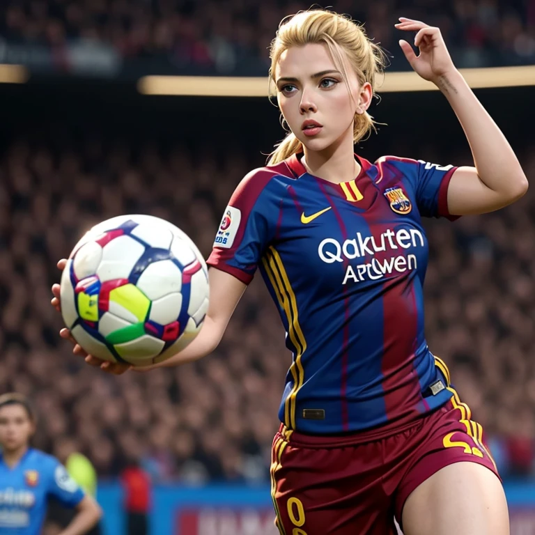 Scarlett Johansson as a Barcelona women's player with jersey number 10 ,with the ball in a game, sexy