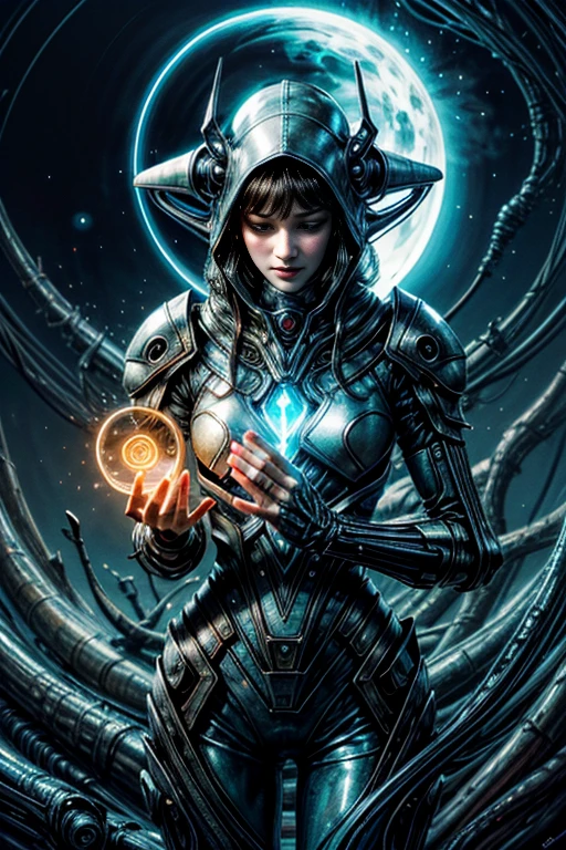 best quality,4k,8k,highres,masterpiece:1.2,ultra-detailed,realistic:1.37,HDR,UHD,studio lighting,ultra-fine painting,sharp focus,physically-based rendering,extreme detail description,professional,art nouveau,tarot card style,dynamic angle, action shot,dynamic pose, blissful facial expression, beautiful alien female,creatures from outer space, cyborg style,((the composition focal point is an alien female praying with a circle of glowing magical symbols floating in front of her:1.5)), (A glowing circle of protection, with runic symbols, is floating in front of the woman), fractalized, android,(wearing a organic exoskeleton),glass exoskeleton,alien flora,(exotic alien flora background with bioluminescent fungi),vivid colors,beige and pale blue hues,trending on cgsociety,landscape,(horror),sci-fi,concept artists,dark and vibrant colors,dreamy lighting