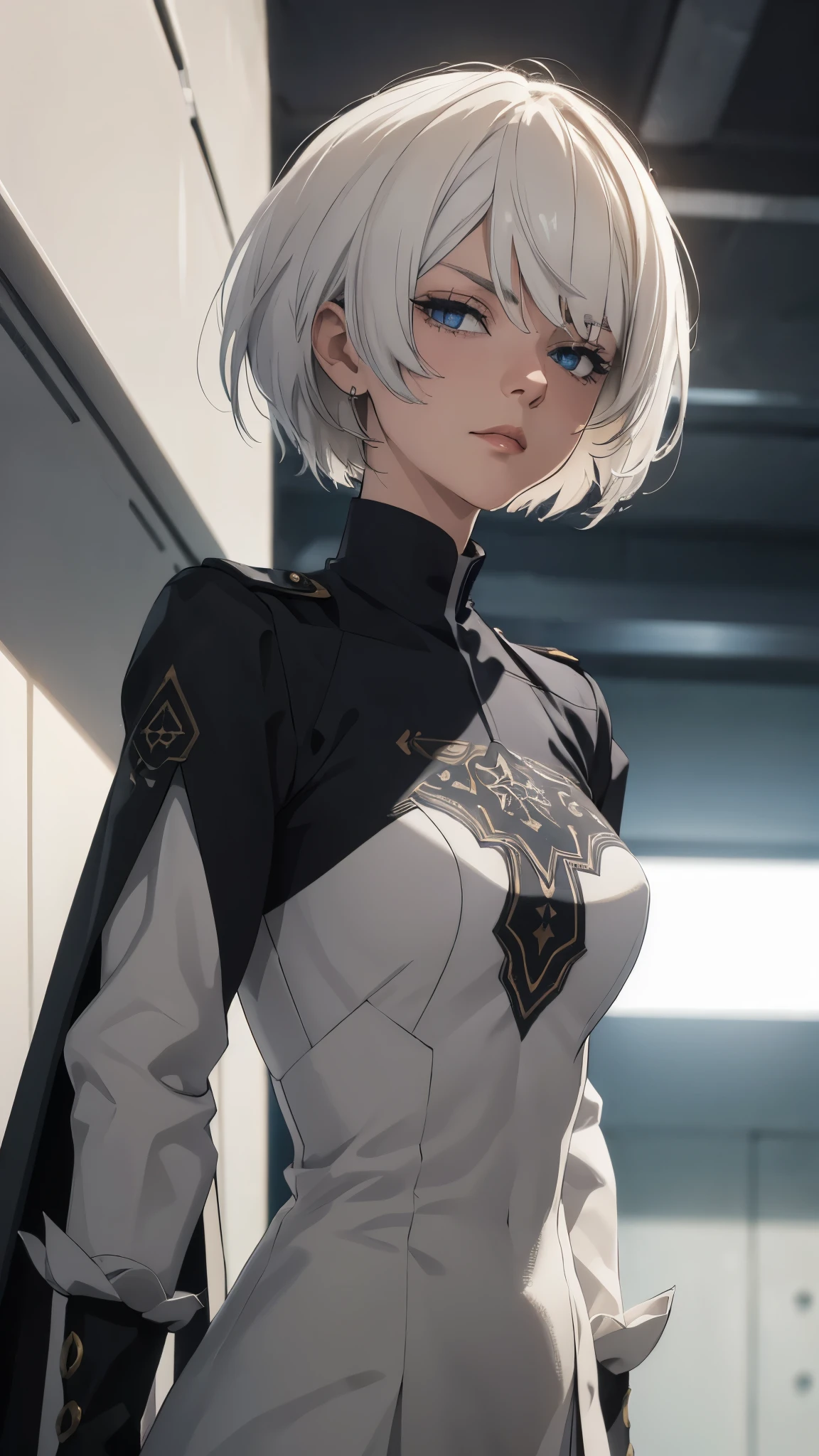 extremely detailed CG unity 8k wallpaper), (masterpiece), (best quality), (ultra-detailed), (best illustration), (best shadow), (absurdres) ,(detailed eyes), 2b, 1girl, short hair, white hair, solo, Intimidating women, admiral uniform, night, hero pose, white clothes, General Uniform, Military Uniform, Sunlight, exposed to sunlight,commander, fighting pose, wearing cape, talking with someone