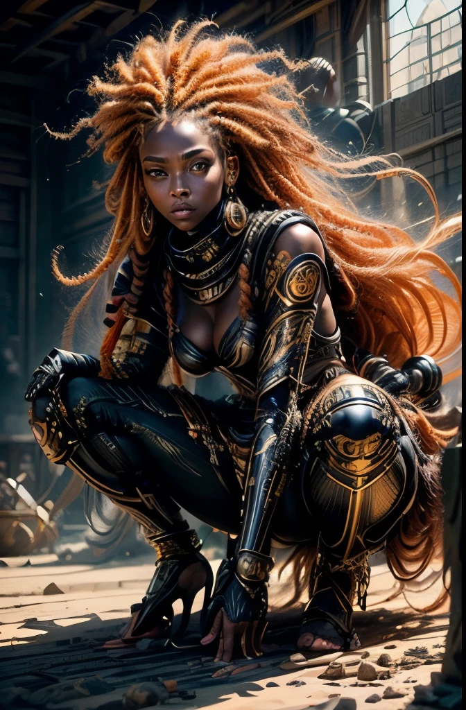 8k portrait of photo of beautiful black girl, full body image, Artwork in the style of Vladimir Kush, orange hair, long hair, orange dreadlocks hair, full body, realistic, very dark natural skin, blue eyes, detailed and intricate portrayal of a mechanical or cybernetic woman, metal panels, tubes attached to arms, full body image, wrestling stance, african features, metallic and mechanical components, gold adornments in hair, orange boxbraids, soft sunlight, textured skin, straining to cary a heavy battle axe, denim jeans, black sweater, blue scarf, black gloves, red boots, intricate, elegant, highly detailed, futuristic, full body image, digital photography, (masterpiece, sidelighting, finely detailed beautiful eyes: 1.2), hdr,