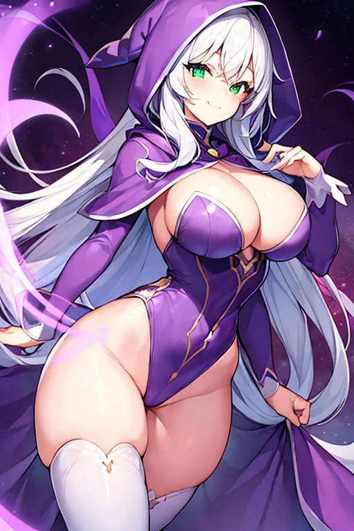 1girl, white hair, purple cape, purple hood, hood up, leotard, long hair, breasts, large breasts, hourglass figure, smile, green eyes, purple leotard, purple robe, robe, thighhighs, purple thighhighs, mature female, cleavage cutour, cleavage,