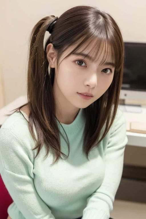 (tight cashmere sweater(white), Tight micro mini skirt(Light light light mint green color): 1.2), ((highest quality, 16k, Super detailed、Ultra-high resolution、From head to thighs: 1.3, RAW Photos)), Sharp focus: 1.2, (1. AESPA Girl :1.1), (alone: 1.1), (Realistic, Realistic: 1.37), (Face Focus: 1.1), beautiful girl、Anatomically correct proportions、Cute face, Super detailedな顔, Long, messy hair, Updo,High Ponytail、Wide open chest、Large Breasts、Saggy breasts、Deep cleavage、Voluptuous thighs, office、sitting on a chair、Operating a computer、
