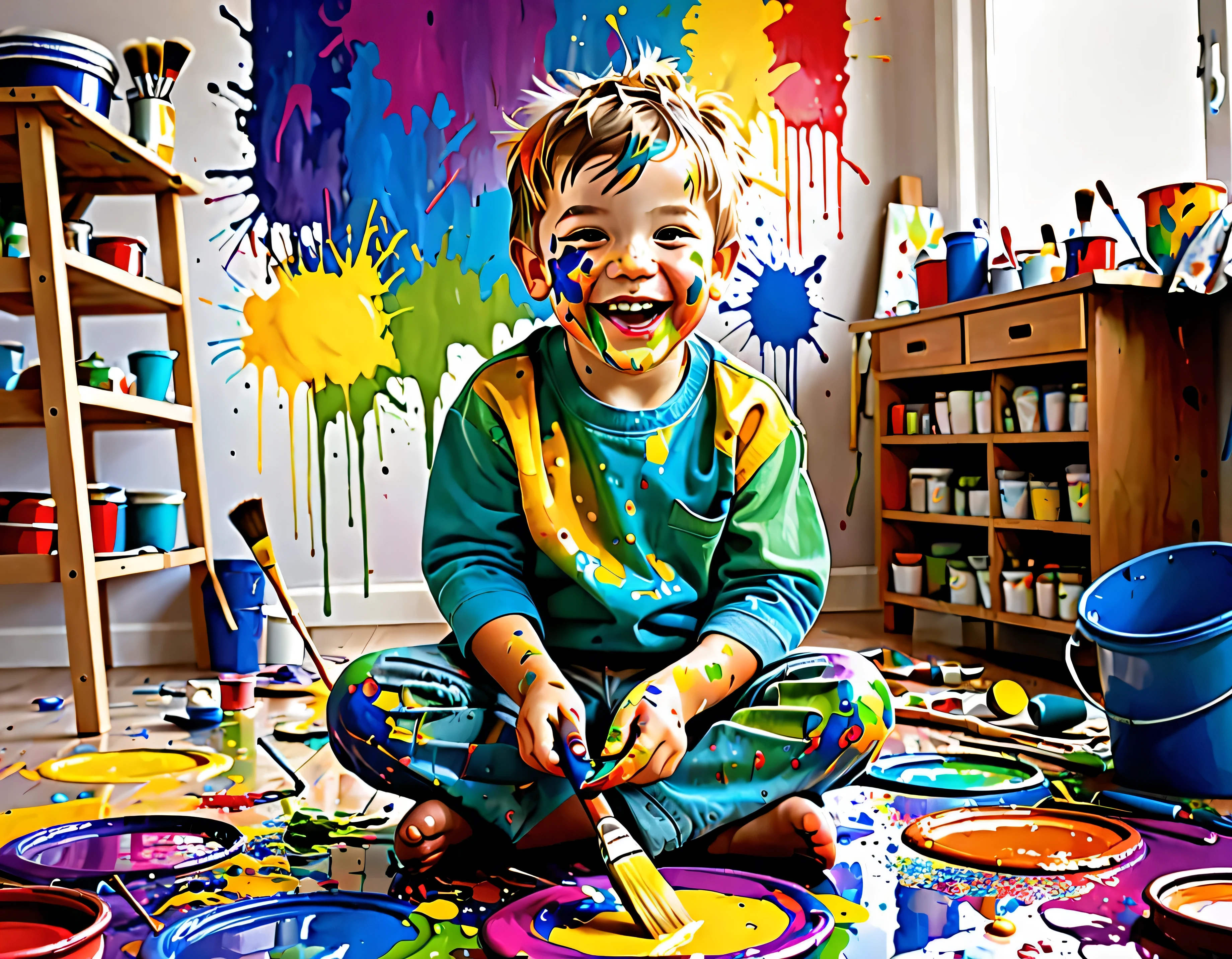 A joyful ((())) engrossed in the act of painting, splattered from head to toe with brightly hued ((paint)) across his clothes and throughout a ((creatively messy room)), brushes and palette scattered about, a large splash of color on the walls, a smile stretching his young features
