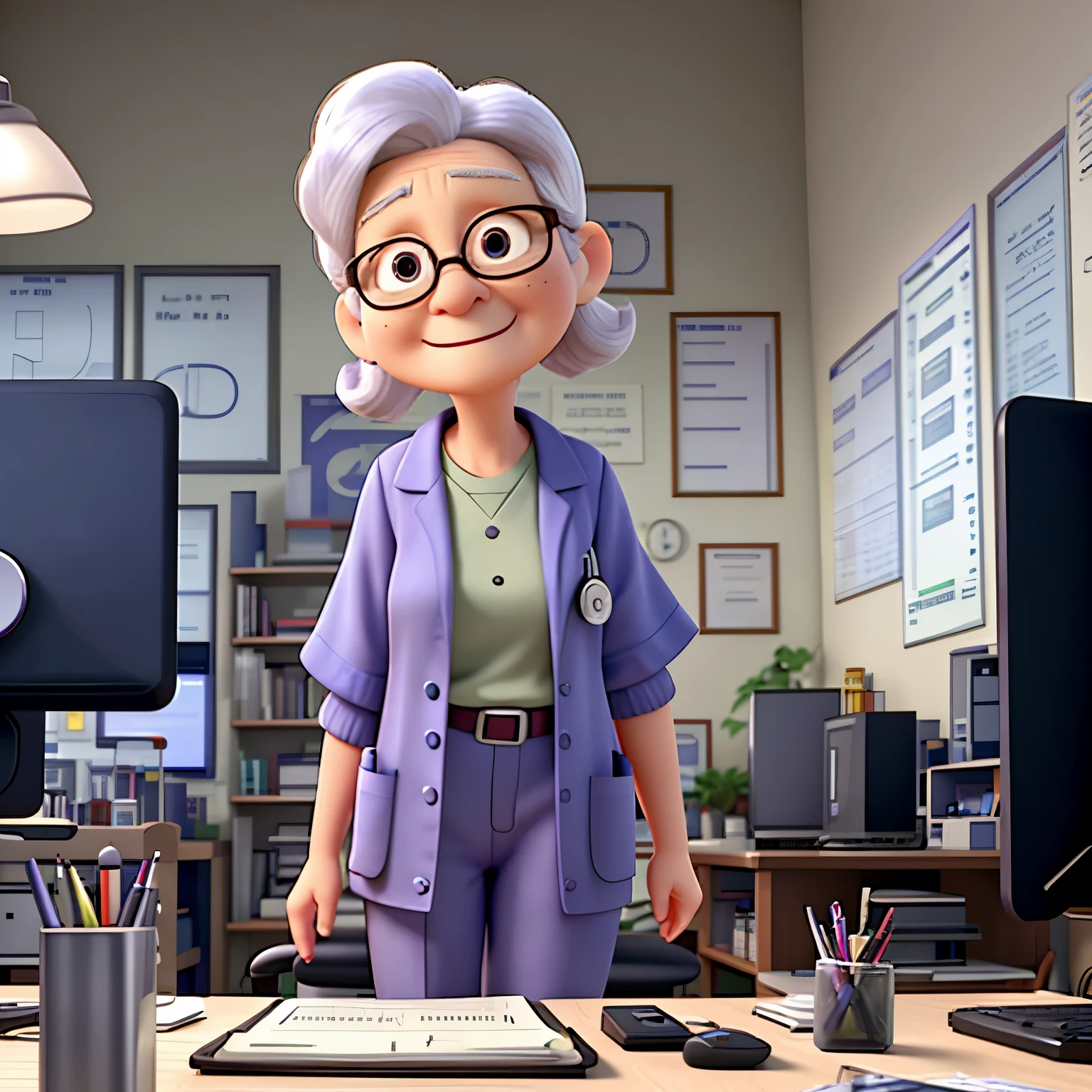 60-year-old doctor in scrubs in front of her computers writing to her patients