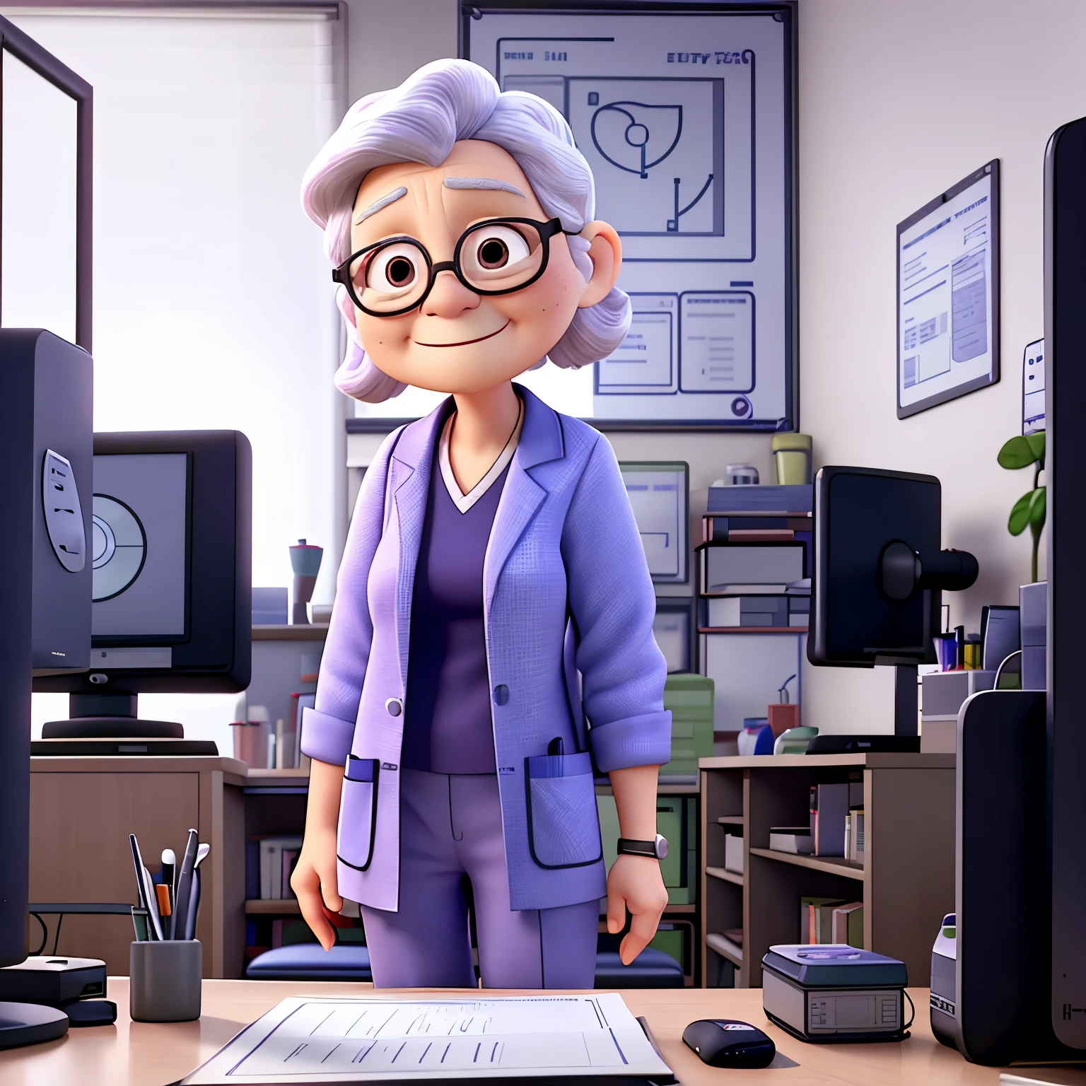 60-year-old doctor in scrubs in front of her computers writing to her patients 