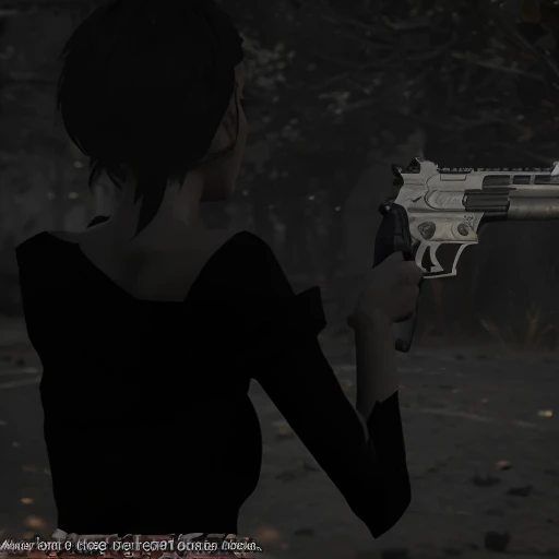 Imagen arafed de una mujer sosteniendo un arma en un campo., sosteniendo una pistola de rayos, ambient occlusion:3, sosteniendo una pistola, [ juego de terror ], gta, ultra ambient occlusion, captura, ( ( vacilado ) ), sosteniendo una pistola, Tiro en el juego, captura de pantalla de alta calidad, imagen explotable, In a style mixing æon flux, mujer sexy, mujer de grandes pechos 
