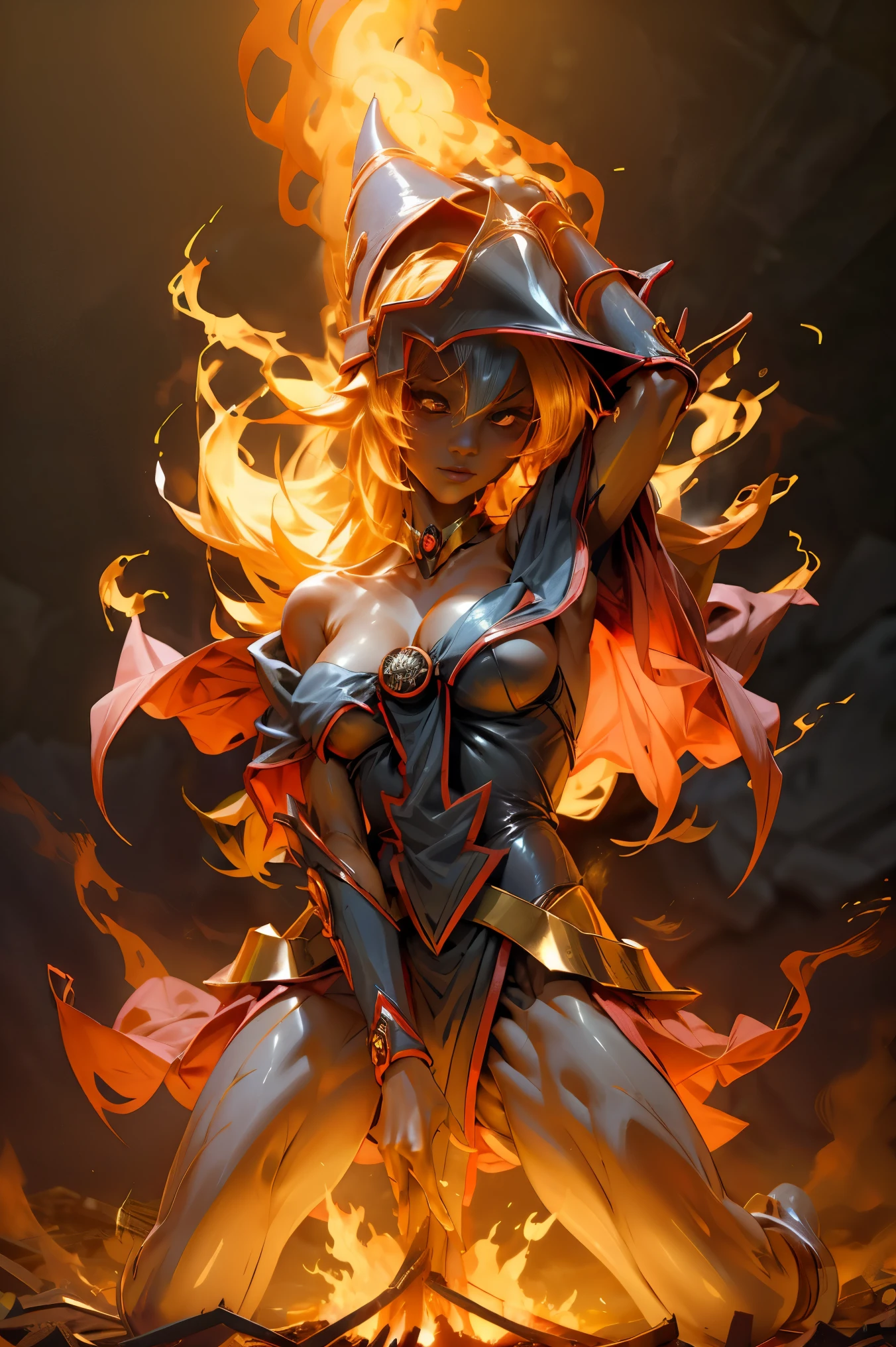 Maga oscura gils. Pose sensual. Entre llamas de fuego. Fondo de Fuego de infierno.