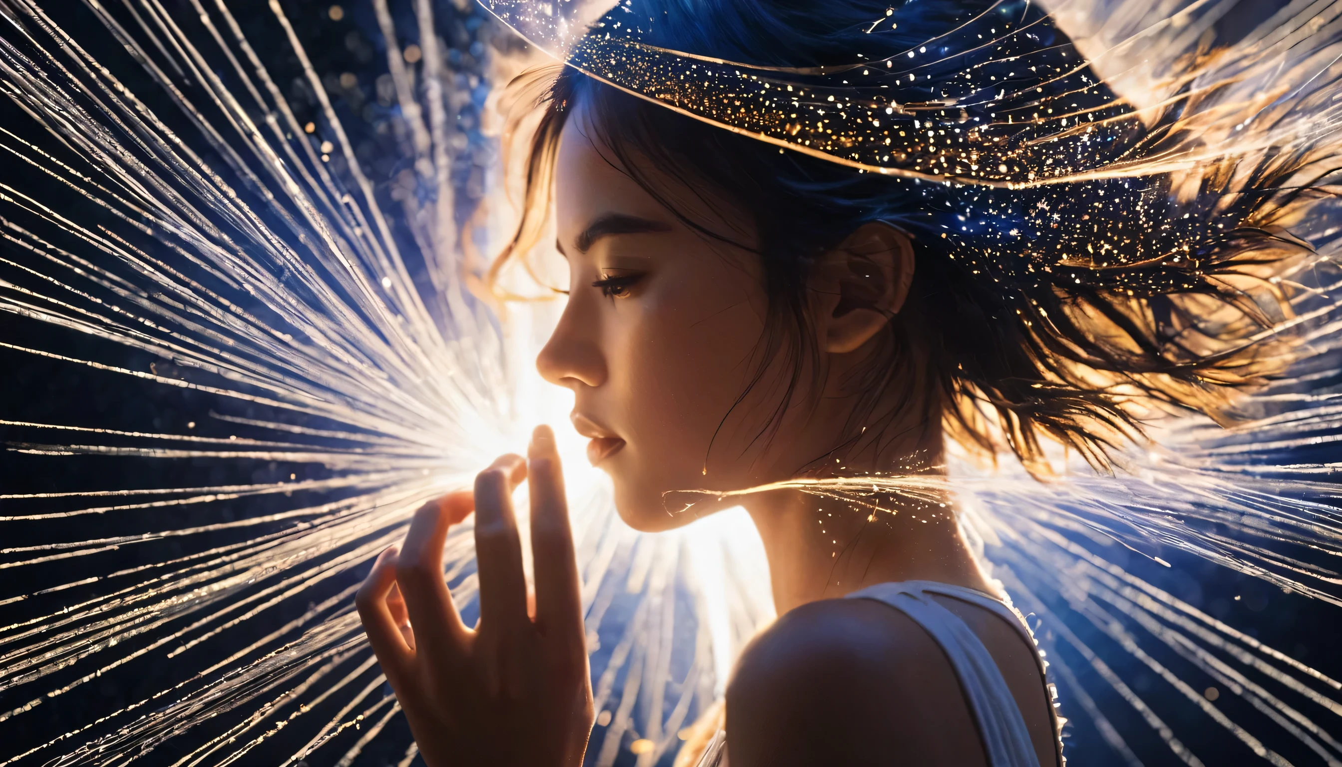 alma y espiritu, empacado infierno_particles,empacado_lines,lineas de luz,light particles,A girl encadenada made of particles,The density of lines at the finger part is high,(pelo blanco:0.3),