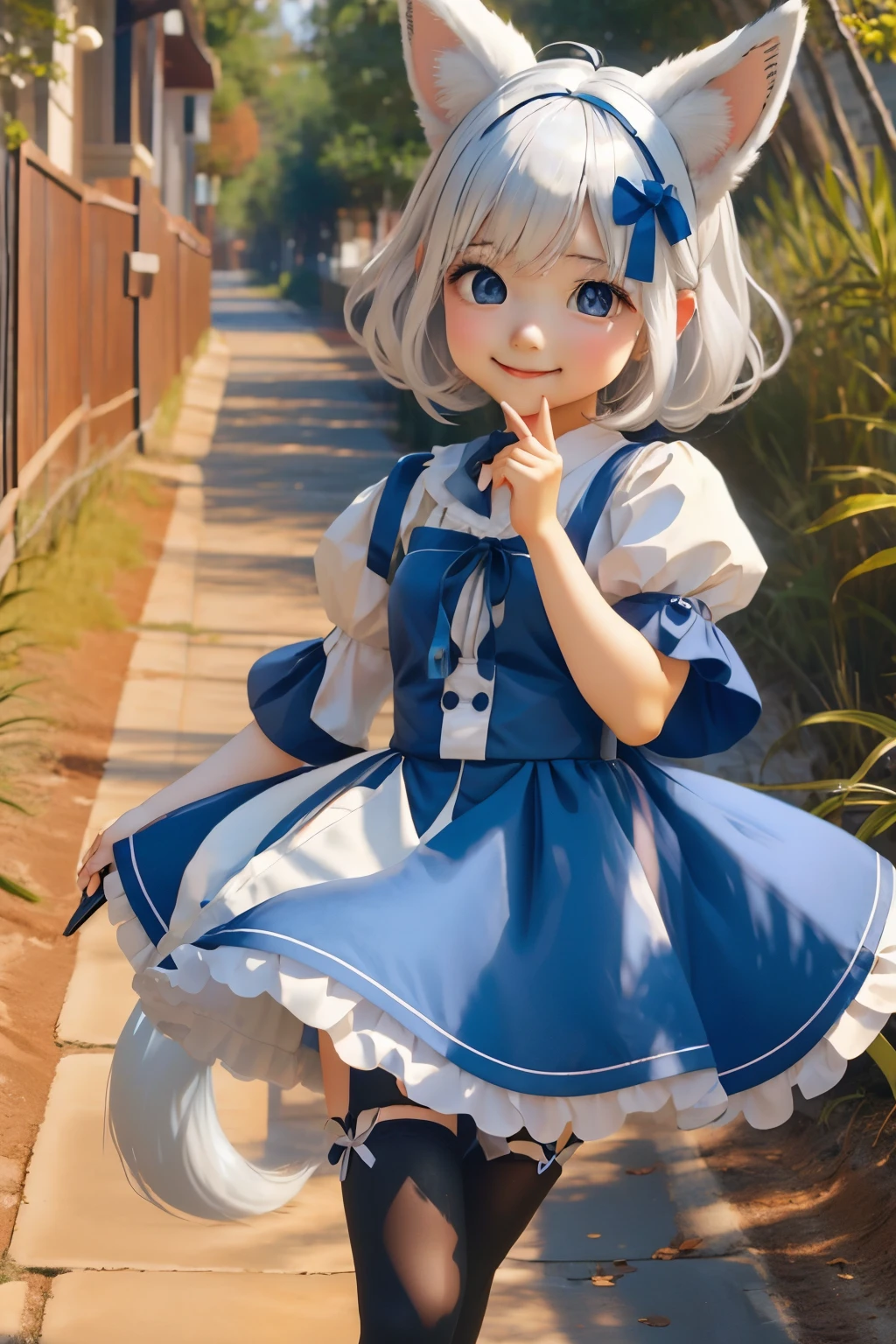 A girl with striking white hair、Fox ears and tail、Cosplay、Baby Face、Cute dynamic pose、hair ornaments、Black Pantyhose、No sleeve、smile、Background is blue