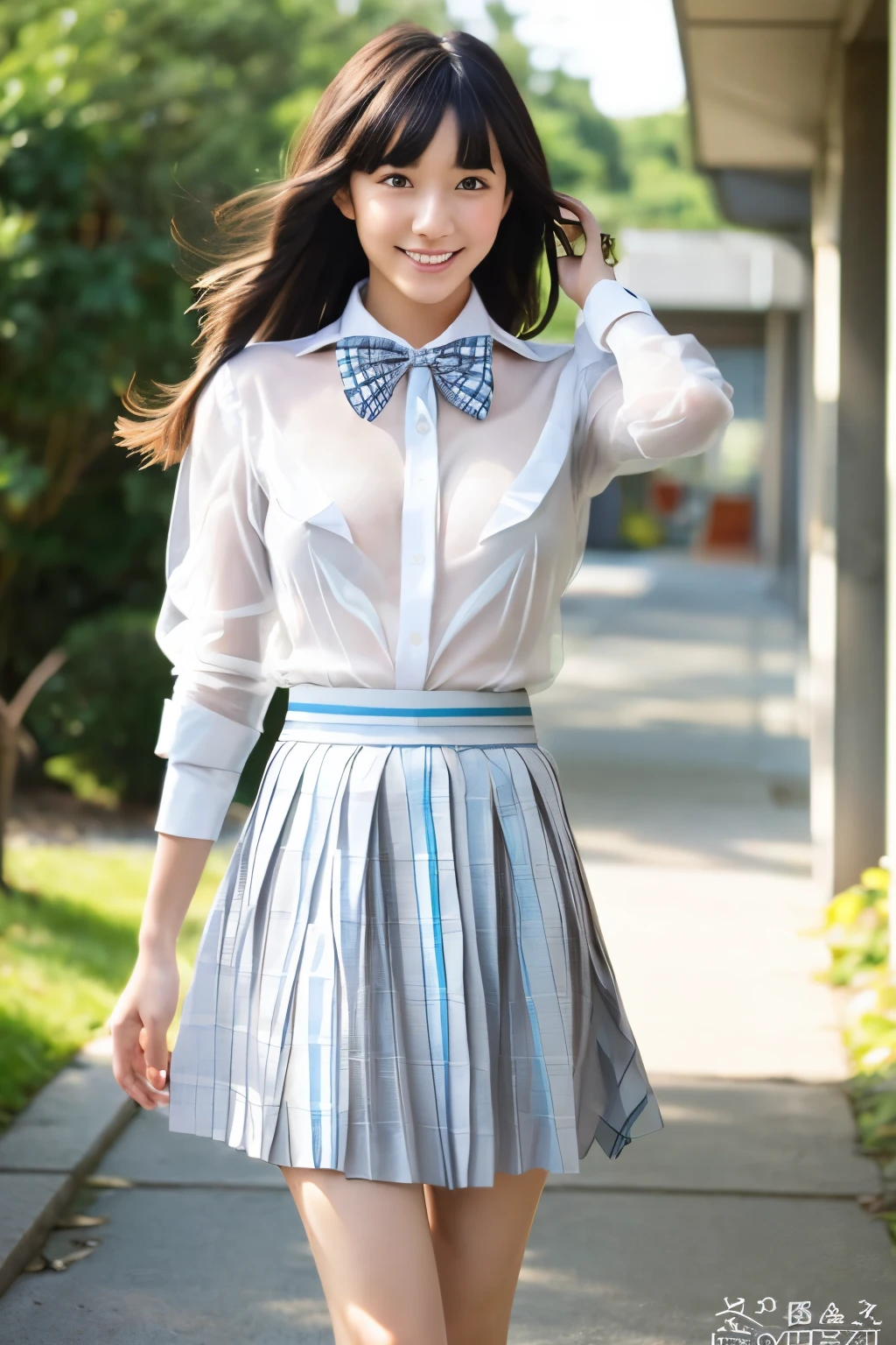 masutepiece:1.2, top-quality), (Realistic, Photorealistic:1.4), Beautiful illustration, view the viewer, full body Esbian, Front view, 1 girl, Japanese, High School Girl, (semi long hair:1.5), blown hair, Bangs, hair between eye, Large breasts:0.9, Beautiful hair, Beautiful face, Beautiful detailed eyes, Beautiful collarbone, Beautiful body, beautiful boob, beautiful thigh, Beautiful legs, Beautiful fingers, (Beautiful scenery), , School, (((Collared shirt, (see-through:1.3),White shirt, Grey checked pleated skirt, Blue plaid bow tie)), White panties, Standing, Walking, Smile)))