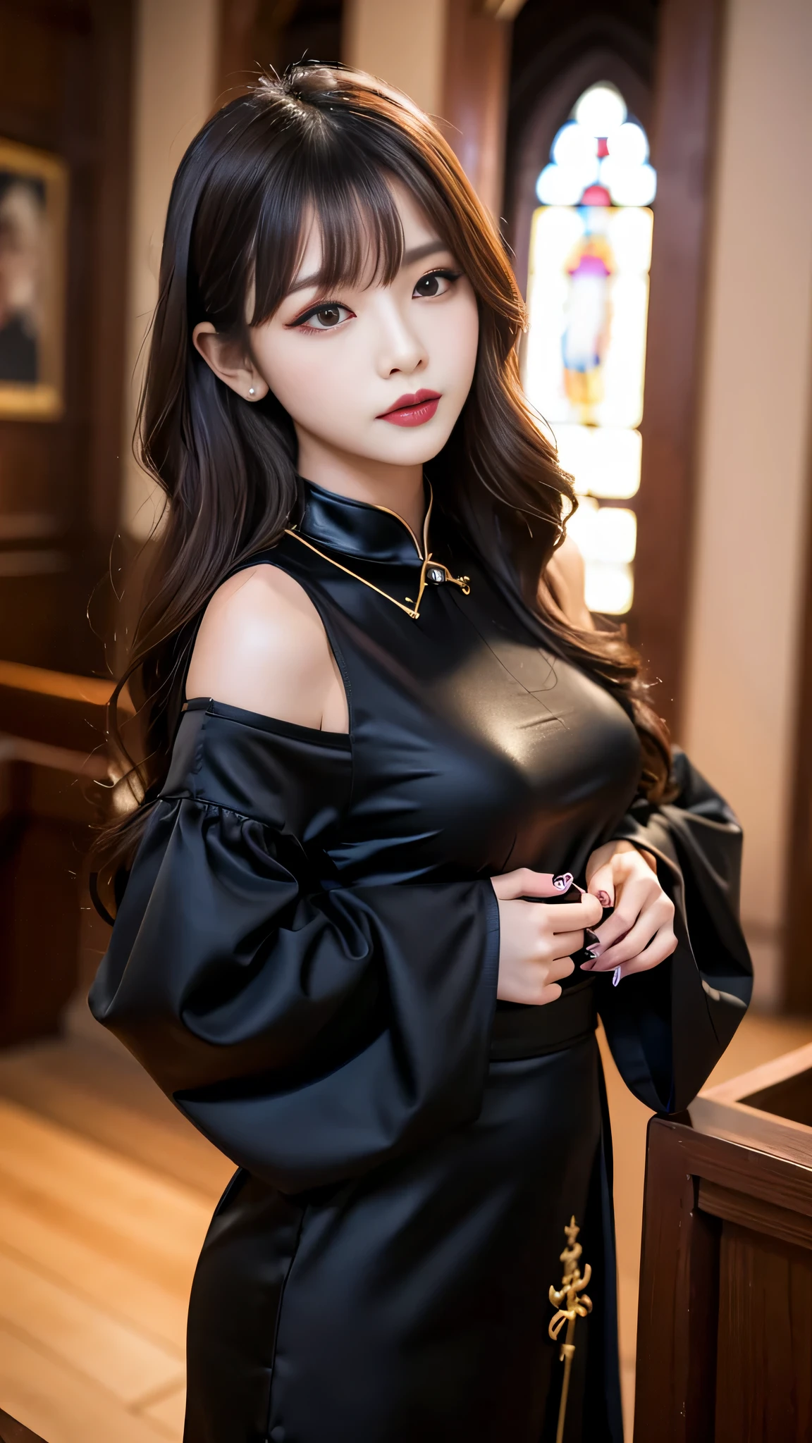 tra-detailed、2girls、Japanese、Attractive beauty、seductive adult woman、Pretty Woman、cool girl、brown hair、wavy hair、swept bangs、piercing eyes、hollow eyes、half-closed eyes、Hollow Eyes、Purple Eyeshadow、black lipstick、black lip gloss、dark makeup、smirk、Whisper in my ear、Evil expression、Long Black Cheongsam、Wide sleeves、Evil cadres、Fallen into evil、brainwash、mind control、evil、Church at night、Swear allegiance、