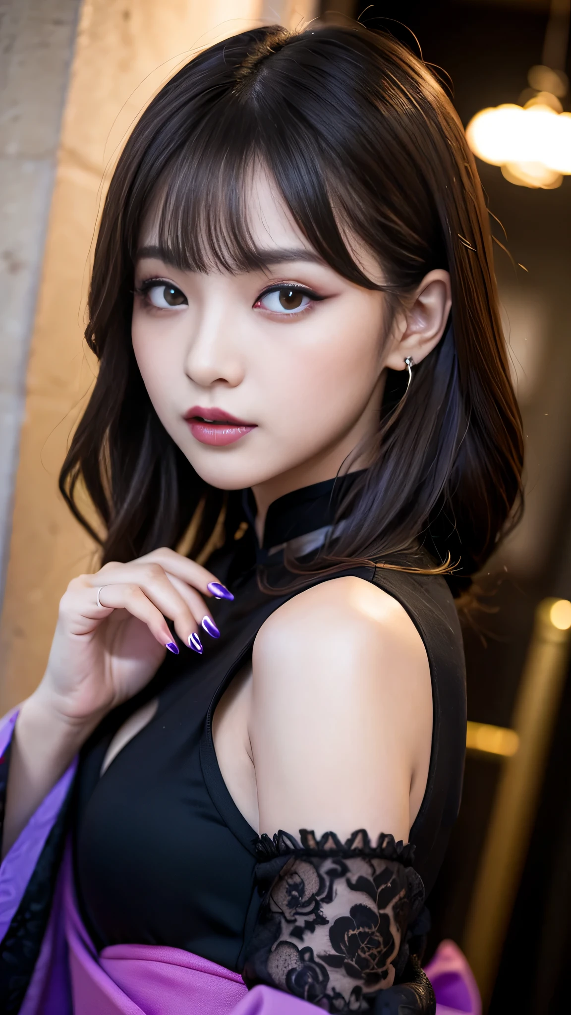 tra-detailed、2girls、Japanese、Attractive beauty、seductive adult woman、Pretty Woman、cool girl、brown hair、wavy hair、swept bangs、piercing eyes、hollow eyes、half-closed eyes、Hollow Eyes、Purple Eyeshadow、black lipstick、black lip gloss、dark makeup、smirk、Whisper in my ear、Evil expression、Long Black Cheongsam、Wide sleeves、Evil cadres、Fallen into evil、brainwash、mind control、evil、Church at night、Swear allegiance、