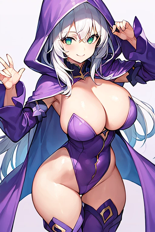 1girl, white hair, purple cape, purple hood, hood up, leotard, long hair, breasts, large breasts, hourglass figure, smile, green eyes, purple leotard, purple robe, robe, thighhighs, purple thighhighs, mature female, cleavage cutout, cleavage, shoulder pads, shoulder spikes