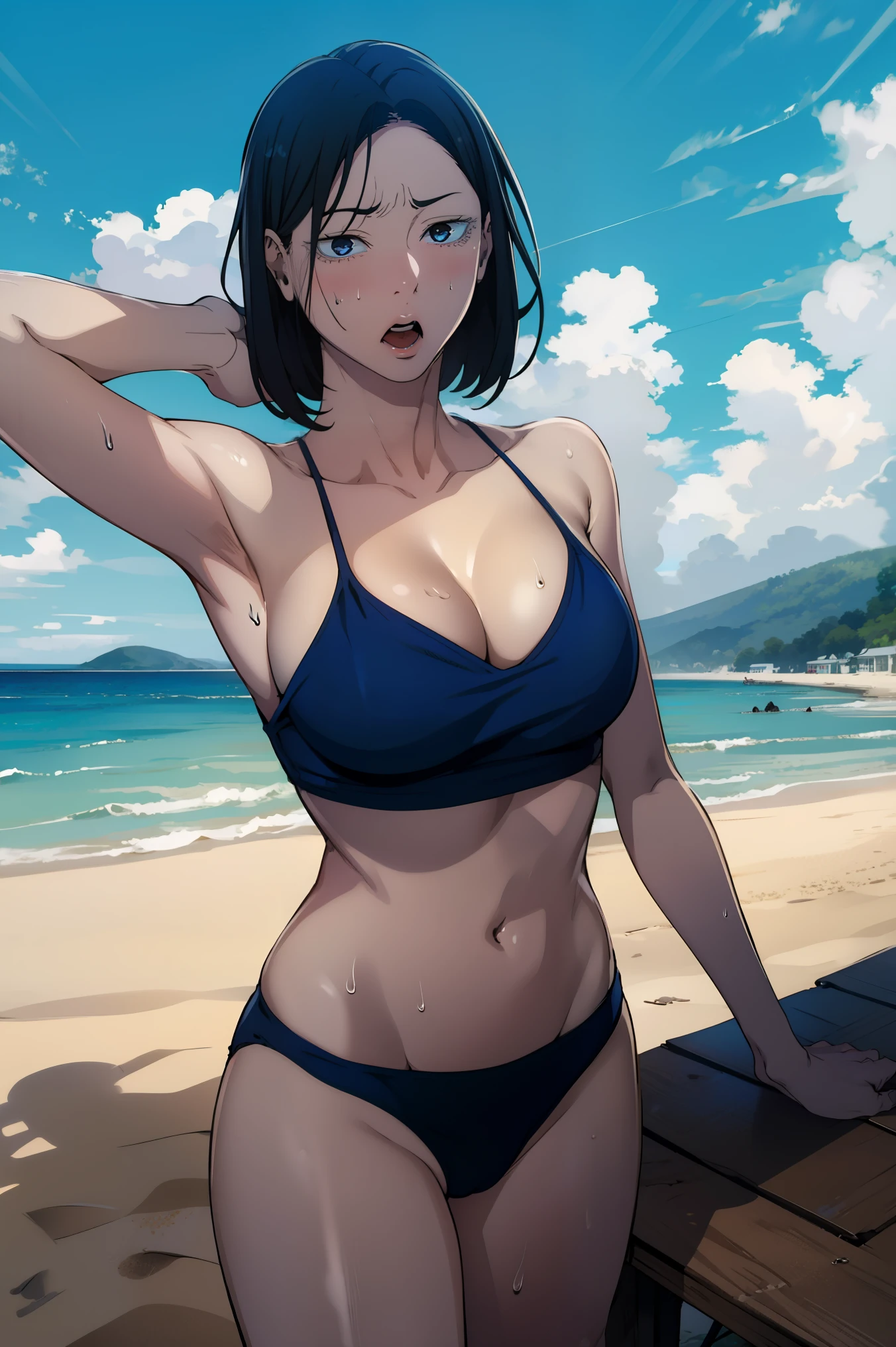 1girl, solo,underwear, navel, breasts, realistic, short hair,, lips, looking at viewer, black hair, collarbone,bob cut ,blue eyes, sitting, cowboy shot, jewelry, standing, from Above, one piece bikini, legs open wide, dynamic pose, white skin, pale skin, sweaty armpits, outside, sun, skies, blue skies, seaside, beach sand, cameltoes, 16:9