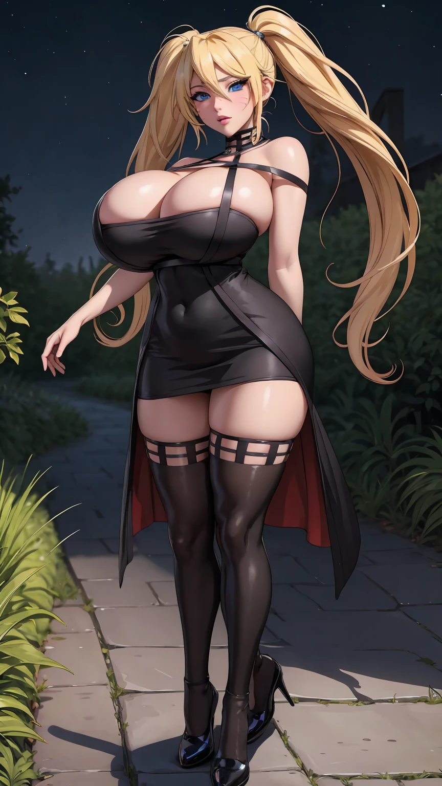 masterpiece, best quality, extremely detail 8k cg, high resolution, 1girl, narukouzumaki, twintails, wisker marks, blonde hair, blue eyes, perfect eyes, slim body, huge breasts, fakebreasts, standing, black dress, black thighhighs, black gloves, seductive face, outdoors, garden, night time, beautiful face, wide shot photo, full body