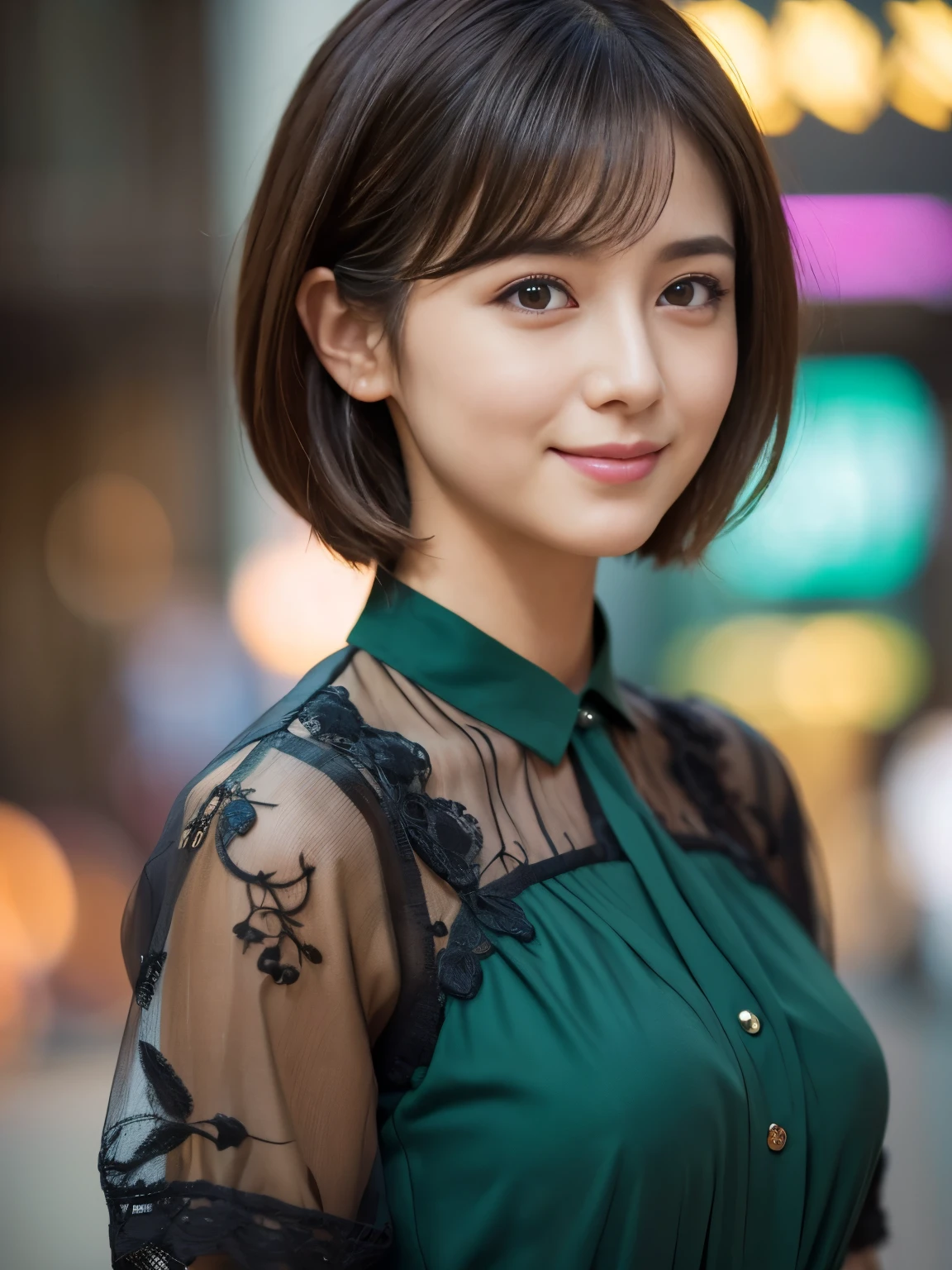 (Raw photography), (Photo realystic), (​masterpiece), (top-quality), hight resolution, 8K resolution, (intricate detail), (volumatic light), portrait, female, 30 years, short-hair, straight haired, Layered hair, brown haired, extremely detailed eye, Sauce order, Highly detailed eyebrows, highly detailed skin, highly detail mouth, highly detailed nose, cute like an idol, Happy smile, ((thick lips)), ((Look at viewers)), (Elegant and transparent dark green colorful blouse), Random body direction,