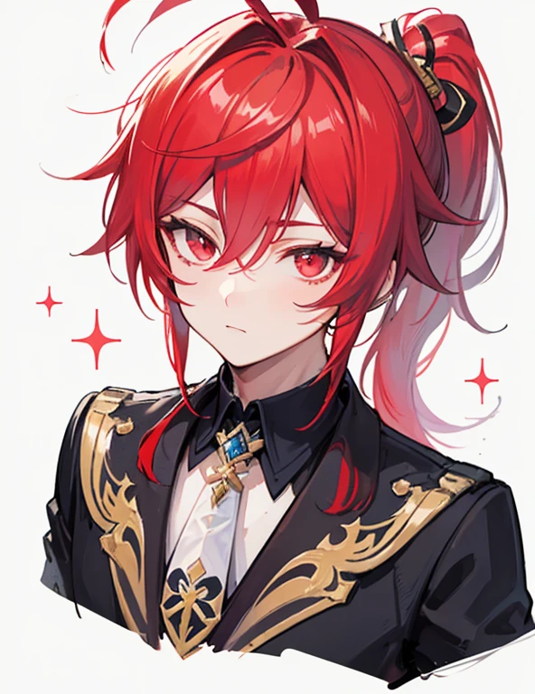 masterpiece, best quality, diluc (genshin impact), 1boy, male focus, red hair, red eyes, long hair, solo, simple background, white background, hair between eyes, bangs, closed mouth, ponytail, sparkle, looking at viewer, antenna hair, cropped shoulders, shirt, jacket, portrait, black shirt, necktie, collared shirt