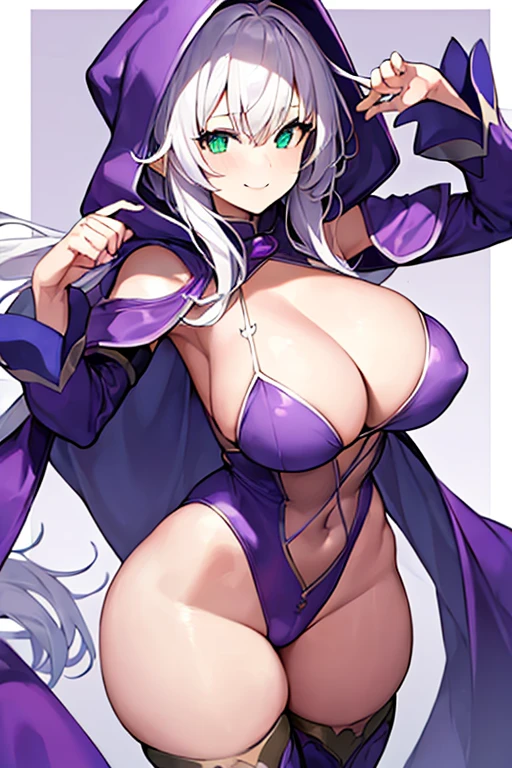 1girl, white hair, purple cape, purple hood, hood up, leotard, long hair, breasts, large breasts, hourglass figure, smile, green eyes, purple leotard, purple robe, robe, thighhighs, purple thighhighs, mature female, cleavage cutout, cleavage, shoulder pads, shoulder spikes