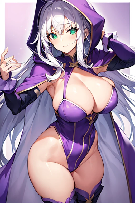 1girl, white hair, purple cape, purple hood, hood up, leotard, long hair, breasts, large breasts, hourglass figure, smile, green eyes, purple leotard, purple robe, robe, thighhighs, purple thighhighs, mature female, cleavage cutout, cleavage, shoulder pads, shoulder spikes