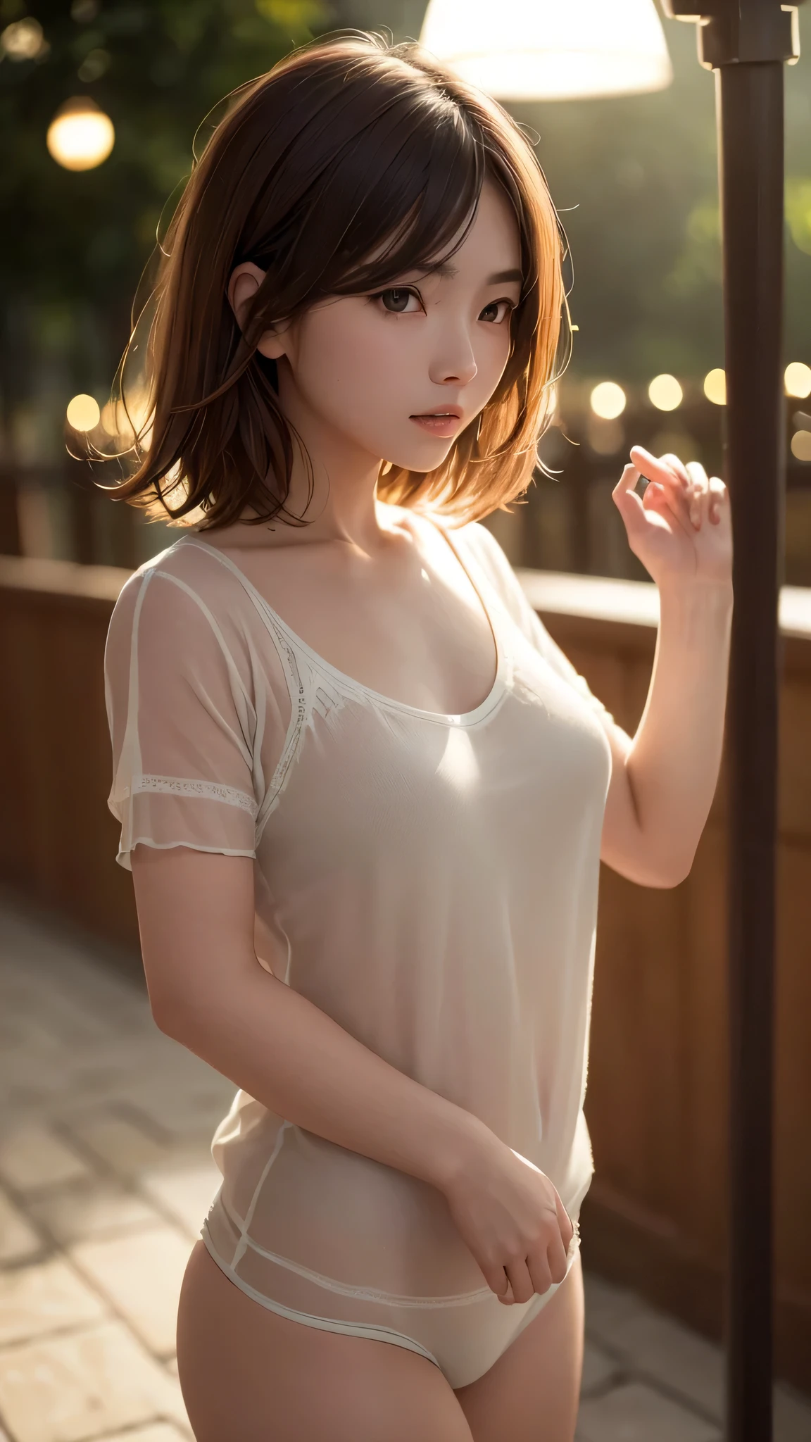 (highest quality,masterpiece:1.3,超A high resolution,),(super detailed,caustics),(Photoreal:1.4,RAW shooting,)ultra-realistic capture,very detailed,High definition 16K for human skin、 Natural skin texture、、Skin looks even-toned and healthy、 Use natural light and color,one woman,Japanese,,cute,brown hair,middle hair,(Depth of the bounds written、chromatic aberration、、wide range of lighting、natural shading、)、(outdoor lights at night:1.4)、(hair swaying in the wind:1)、short hair、revealing clothes