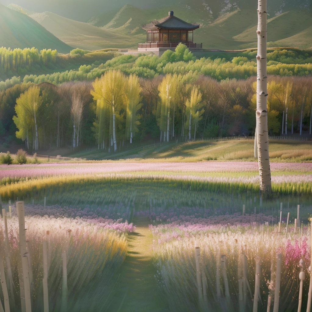 A blooming garden of delicate aspen, a field landscape, a flat horizon, pavilion, warm soft lighting, Chinese field, filigree wet pastel, volumetric, thick line lo-fi, glow, back light, sun rays, digital masterpiece