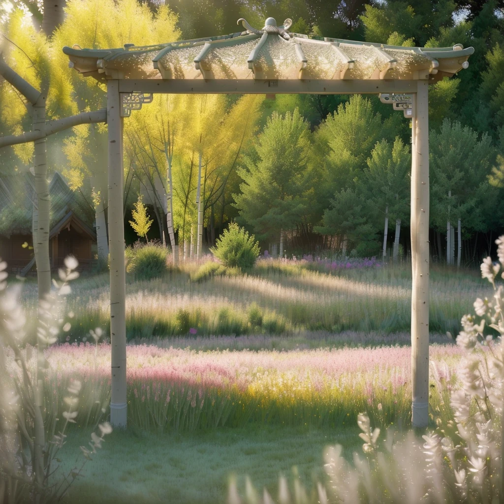 A blooming garden of delicate aspen, a field landscape, a flat horizon, pavilion, warm soft lighting, Chinese field, filigree wet pastel, volumetric, thick line lo-fi, glow, back light, sun rays, digital masterpiece