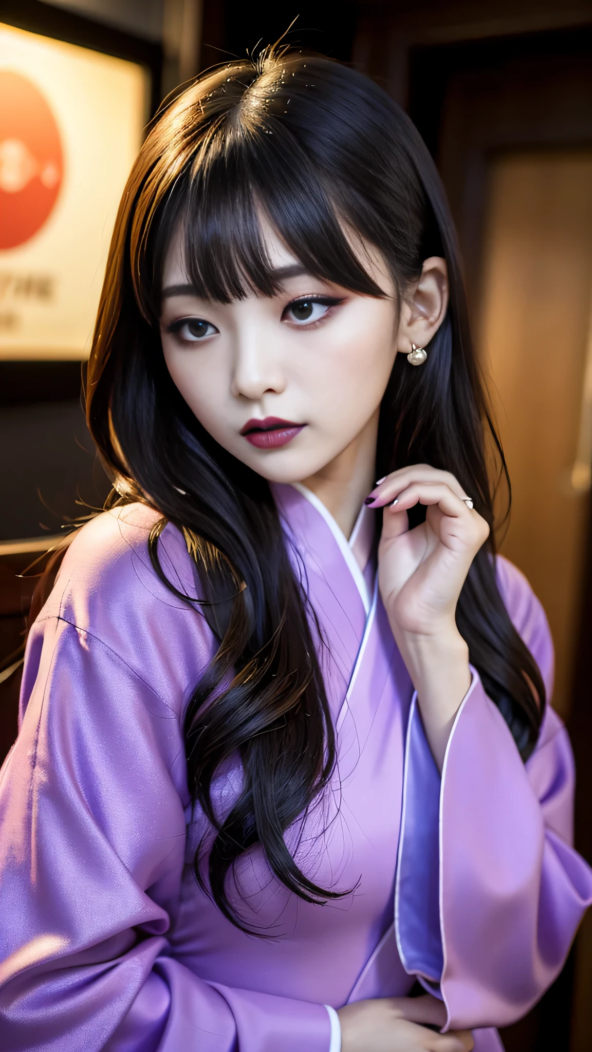 tra-detailed、2girls、Japanese、Attractive beauty、seductive adult woman、Pretty Woman、cool girl、brown hair、wavy hair、swept bangs、piercing eyes、hollow eyes、half-closed eyes、Hollow Eyes、Purple Eyeshadow、black lipstick、black lip gloss、dark makeup、smirk、Whisper in my ear、Evil expression、Long Black Cheongsam、Wide sleeves、Evil cadres、Fallen into evil、brainwash、mind control、evil、Church at night、Swear allegiance、