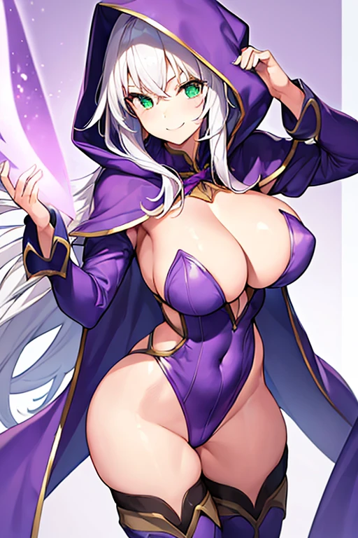 1girl, white hair, purple cape, purple hood, hood up, leotard, long hair, breasts, large breasts, hourglass figure, smile, green eyes, purple leotard, purple robe, robe, thighhighs, purple thighhighs, mature female, cleavage cutout, cleavage, shoulder pads, shoulder spikes, shoulder armor