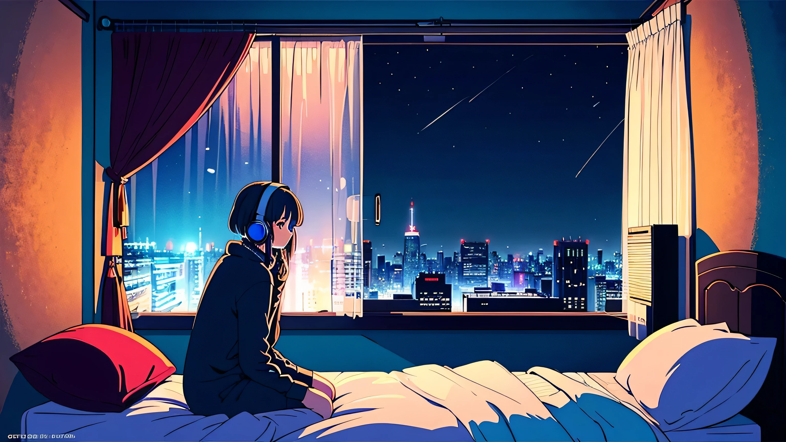 Detailed anime girls, Wearing a large sweater, Wearing headband headphones, praise, quiet, quiet atmosphere, cold, Looking out the window in the bedroom, night, quiet night, Cat, masterpiece, highest quality