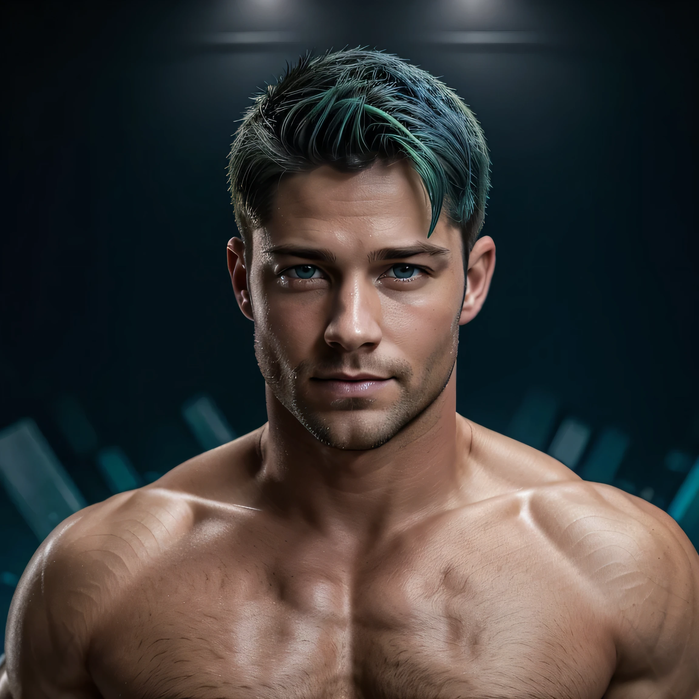 (masterpiece, best quality, ultra-detailed), full shot, 30 yo man, ( greenish blue short hair), , v shape waist, lean, vivacious penetrating deep blue eyes, beautiful ears, like dean geyer , water wings , visible eyes, brawny body, huge arms, smooth body hair, very muscular, totally naked, 4k hyperrealistic, splashes BG,