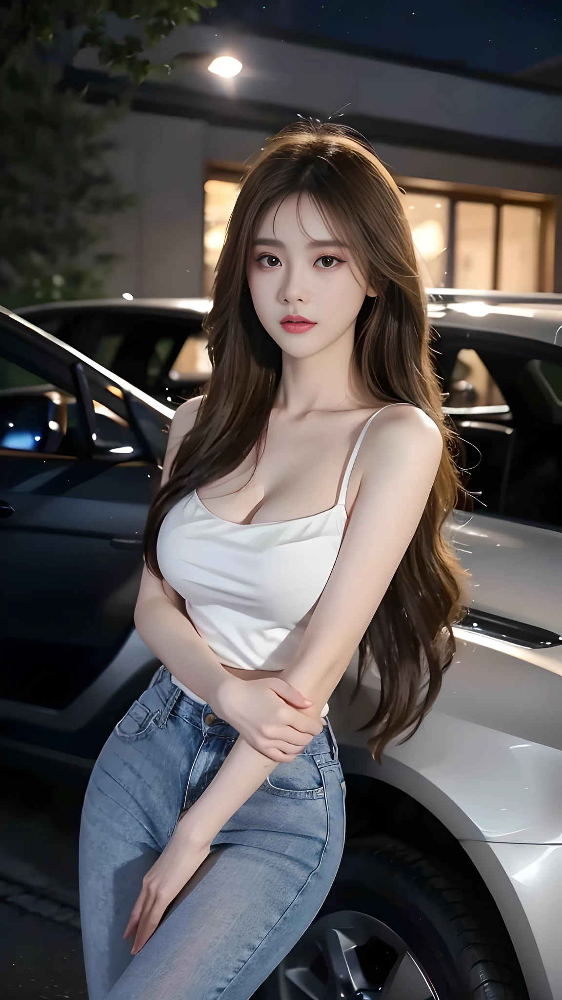 full hd 8k, Girl standing in front of a dark night scene, full moonlight reflecting on her beautiful face. Her long, silky hair was gently blown by the night wind, creating a gentle and romantic feeling. Next to her is a luxury car, showing her success and class. She looked up at the starry sky, as if searching for something, her eyes showed contemplation and loneliness. The full moon shines in the night sky creating a beautiful scene. The girl has long, silky hair, creating a luxurious and noble beauty. The moonlight shines on the girl's delicate face, highlighting her large, round light brown eyes, creating a natural, gentle beauty. She wore a shirt and short jeans, short jeans, showing off her seductive and luxurious beauty. Her plumble  were exposed, revealing her plumble and extremely sexy brts. Tages capture detailed panoramic portraits and views of the sky and cars. All create a beautiful, wonderful picture that makes people unable to take their eyes off the scene. All these details are described clearly and sharply, sexyly poses,