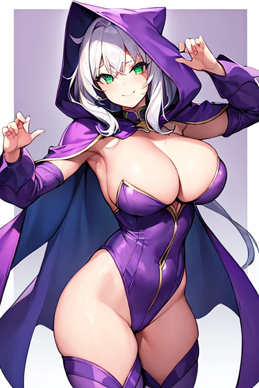 1girl, white hair, purple cape, purple hood, hood up, leotard, long hair, breasts, large breasts, hourglass figure, smile, green eyes, purple leotard, purple robe, robe, thighhighs, purple thighhighs, mature female, cleavage cutout, cleavage, shoulder pads, shoulder spikes, shoulder armor