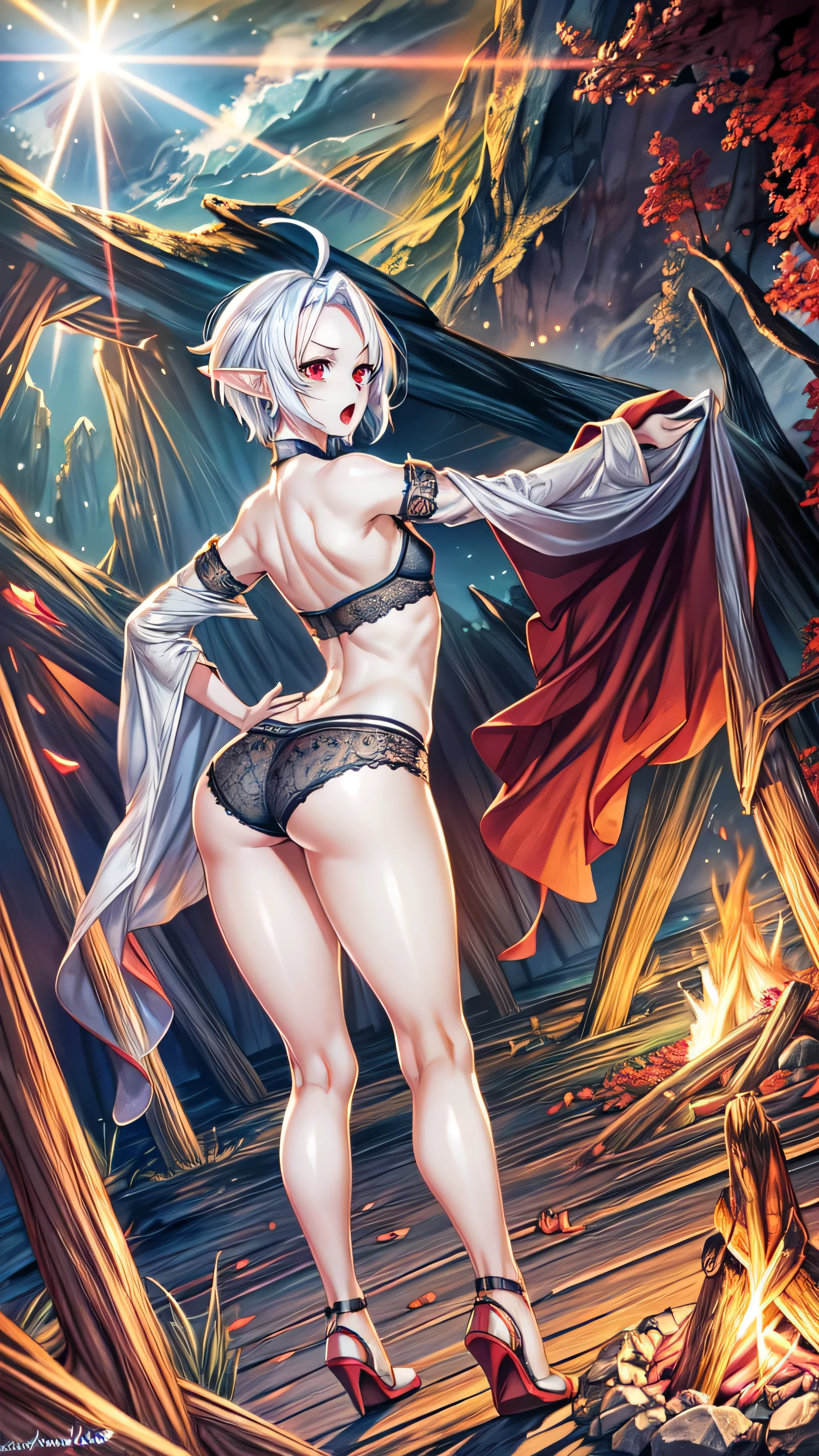 High resolution, best quality, HDR, 1woman, ((turn around and looking back)), ((wide hips)), ((flat chest)), ((in underwear)), ((embarassed)), sylphiette, ahoge, elf, forehead, white hair, pointy ears, (red eyes:1.2), short eyebrows, short hair, open mouth, dark cavern scenery, campfire illumination