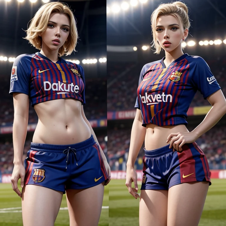 Scarlett Johansson sexy con top del Jersey del Barcelona femenil en un partido ,son gente de fondo, con uniforme detallado, abdomen marcado y hermosas piernas,