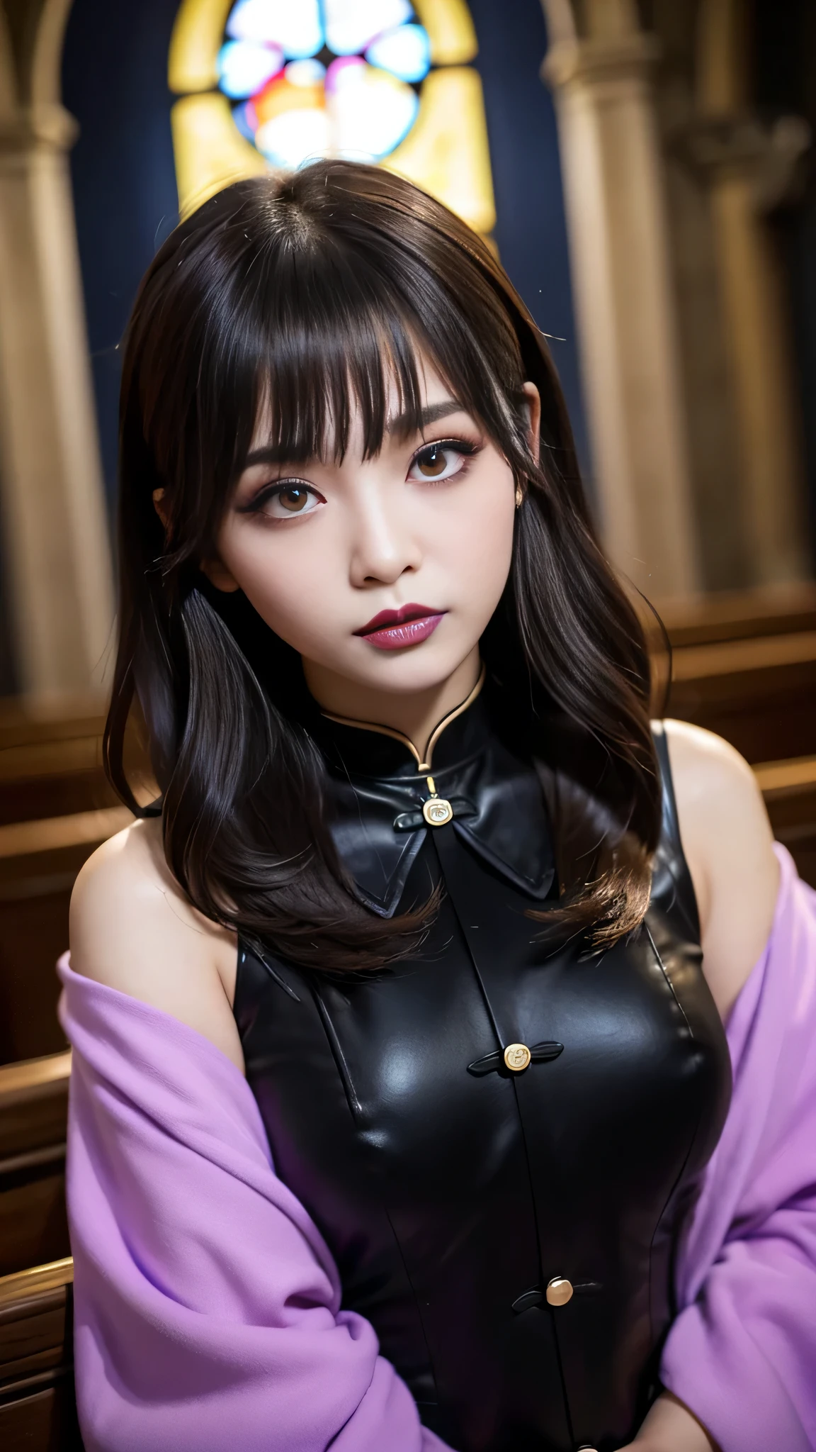 tra-detailed、2girls、Japanese、Attractive beauty、seductive adult woman、Pretty Woman、cool girl、brown hair、wavy hair、swept bangs、piercing eyes、hollow eyes、half-closed eyes、Hollow Eyes、Purple Eyeshadow、black lipstick、black lip gloss、dark makeup、smirk、Whisper in my ear、Evil expression、Long Black Cheongsam、Wide sleeves、Evil cadres、Fallen into evil、brainwash、mind control、evil、Church at night、Swear allegiance、