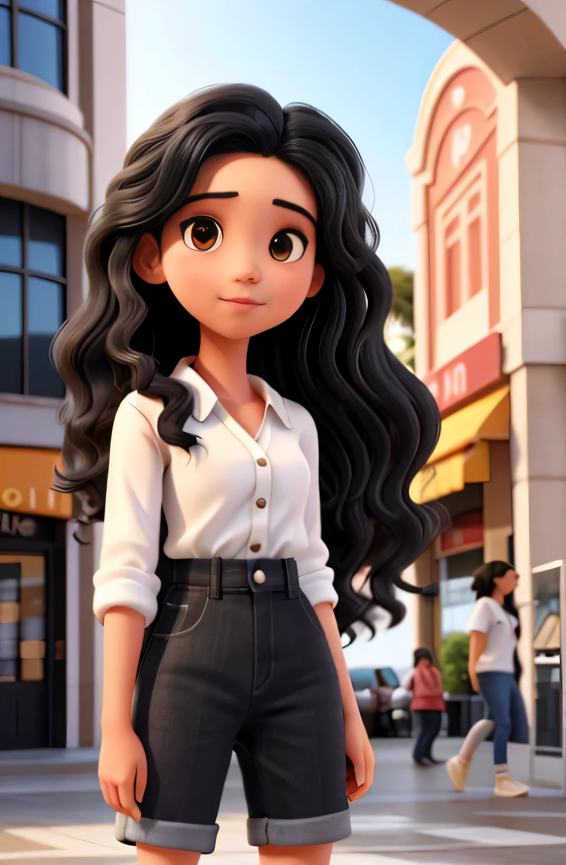 A young woman, wavy hair, white skin, black hair, soft and beautiful skin, is standing in front of the shopping mall, posing for a photo, illustration, high resolution, ultra-detailed, realistic, portraits, bright colors, warm tones, soft lighting.