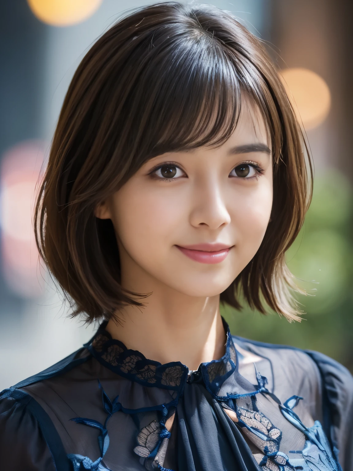 (Raw photography), (Photo realystic), (​masterpiece), (top-quality), hight resolution, 8K resolution, (intricate detail), (volumatic light), portrait, female, 30 years, short-hair, straight haired, Layered hair, brown haired, extremely detailed eye, Sauce order, Highly detailed eyebrows, highly detailed skin, highly detail mouth, highly detailed nose, cute like an idol, Happy smile, ((thick lips)), ((Look at viewers)), (Elegant and transparent dark dark blue colorful blouse), Random body direction,