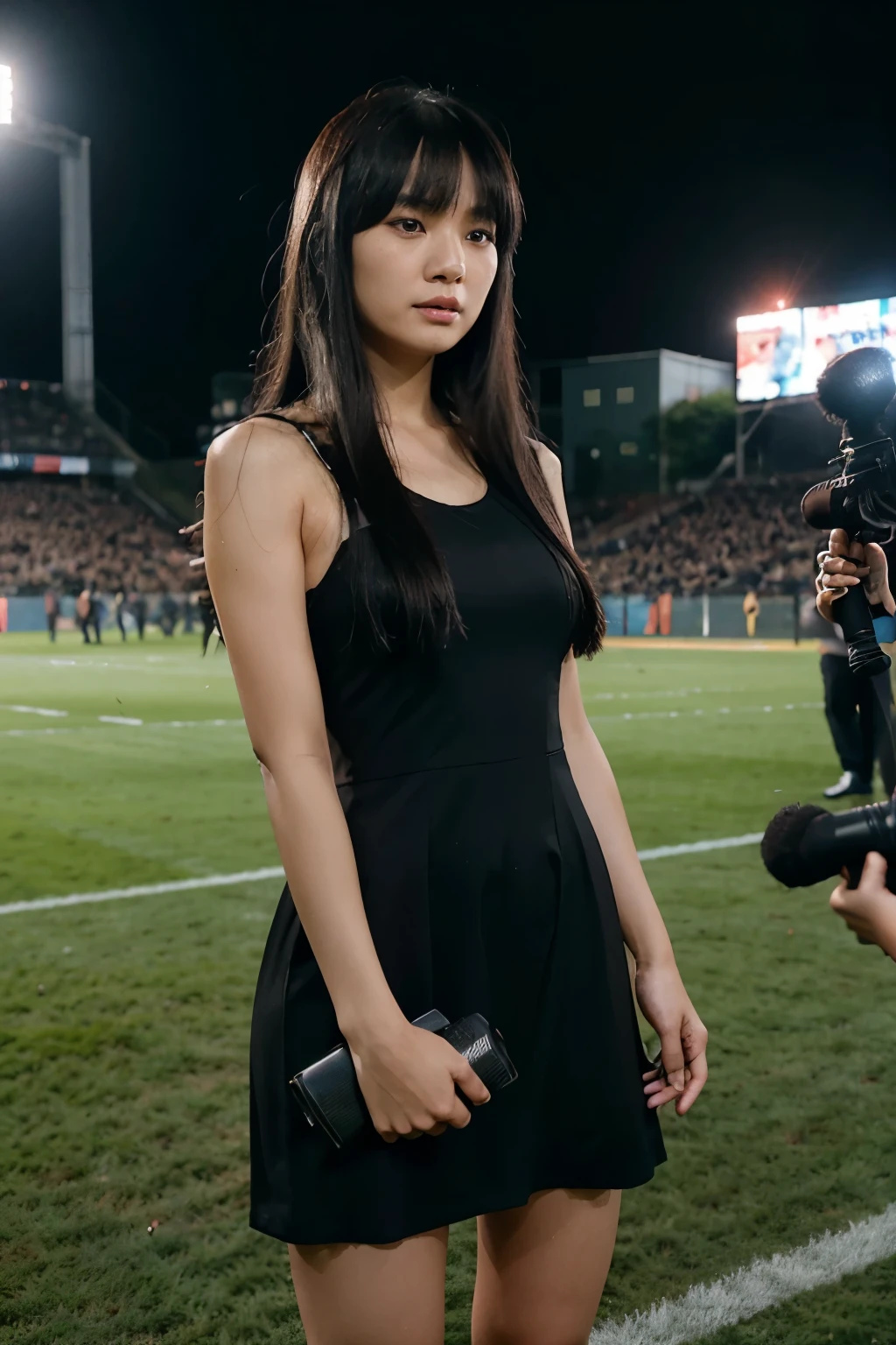 Asian woman being interviewed after a football match, long black hair, eyebags, standing in a football pitch,being interviewed, young face, one piece long black dress , straight fringe hair, straight bangs, talking to the microphone, elegant dress, talking to the microphone that is being pointed towads her, young face, no aging marks