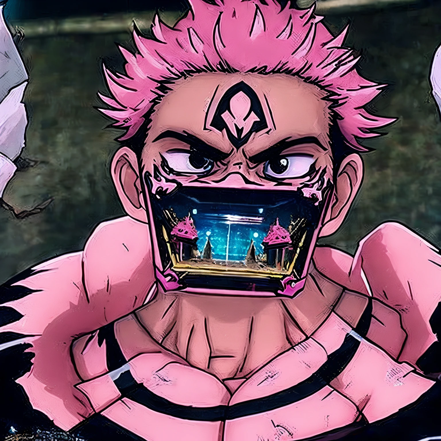 "Generate an image of a menacing and pitiful-looking character, pink spiky hair with a juvenile appearance with an air of ancient wisdom, adorned with ornate and intricate tattoos, exuding an aura of dark energy."