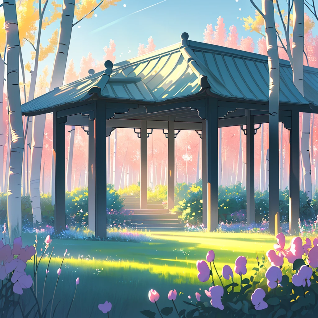 A blooming garden of delicate aspen, a field landscape, a flat horizon, pavilion, warm soft lighting, Chinese field, filigree wet pastel, volumetric, thick line lo-fi, glow, back light, sun rays, digital masterpiece