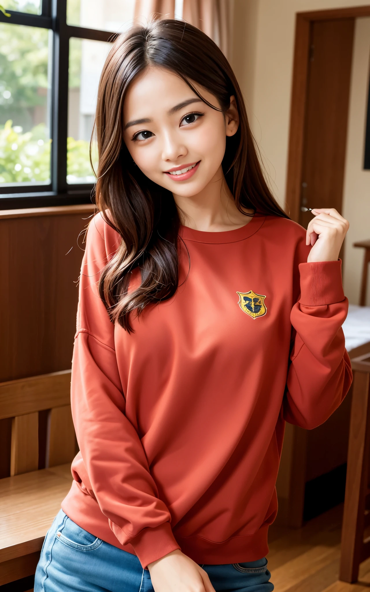 highest quality, figure, Ultra-detailed, finely, High resolution, 8K Wallpaper, 完璧なダイナミックな構figure, ((Sexy pose)), Beautiful Skin, (Big Eyes), 20 year old beautiful girl, Natural color lip, Mid chest, smile, Highly detailed face and skin texture, Detailed eyes, Double eyelid,leaking teeth and laughing, close-up, Brown long hair, (Red sweatshirt:1.2), indoor
