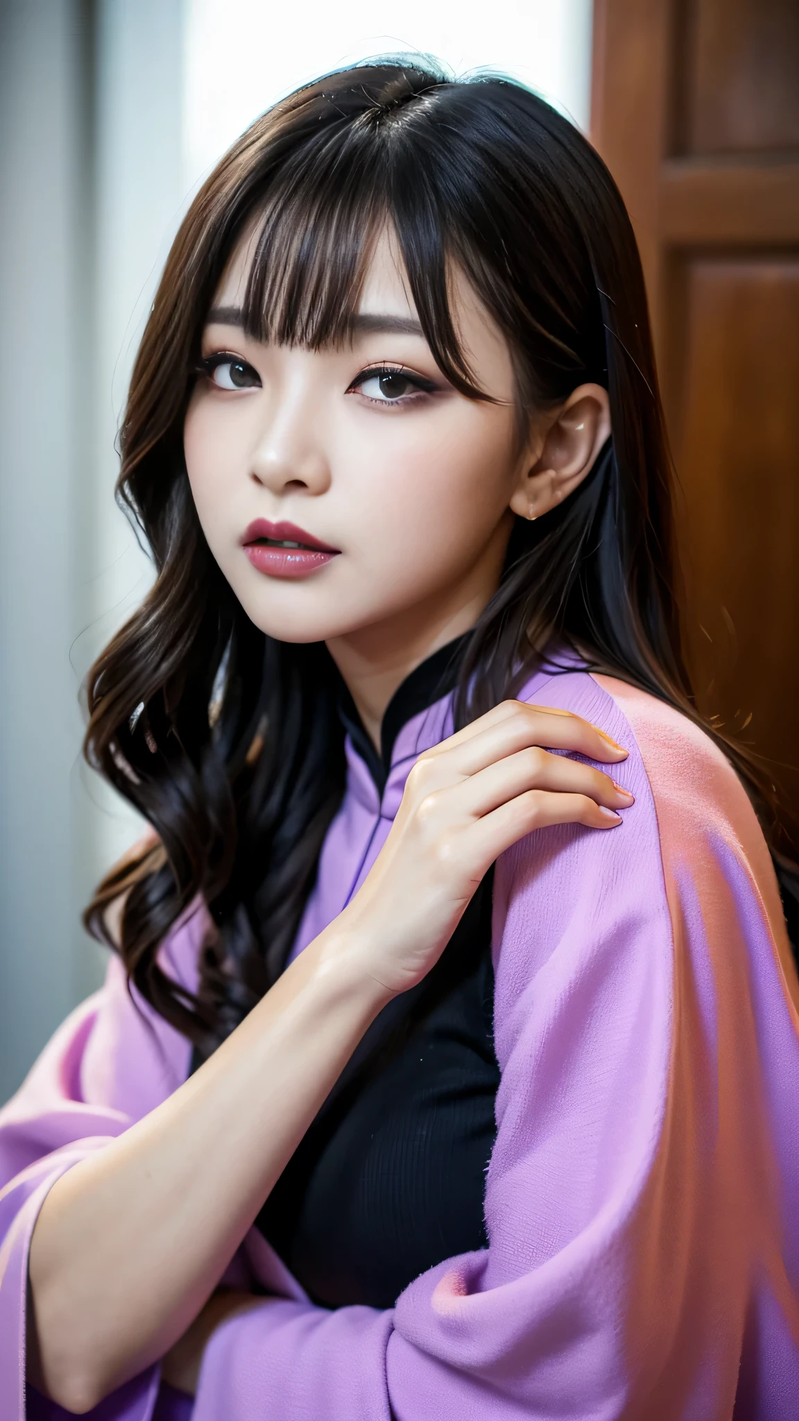 tra-detailed、2girls、Japanese、Attractive beauty、seductive adult woman、Pretty Woman、cool girl、brown hair、wavy hair、swept bangs、piercing eyes、hollow eyes、half-closed eyes、Hollow Eyes、Purple Eyeshadow、black lipstick、black lip gloss、dark makeup、smirk、Whisper in my ear、Evil expression、Long Black Cheongsam、Wide sleeves、Evil cadres、Fallen into evil、brainwash、mind control、evil、Church at night、Swear allegiance、