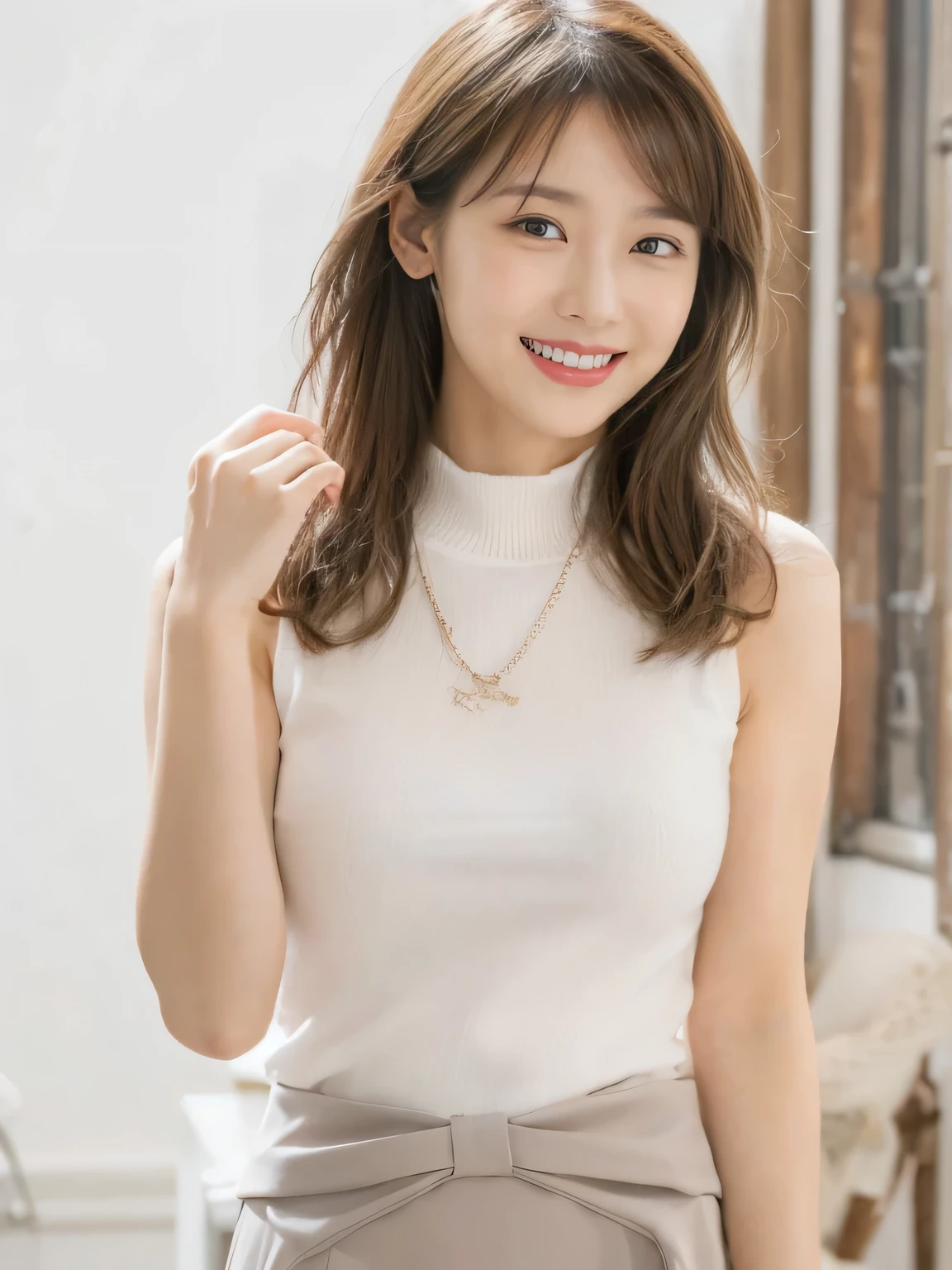 (on the table, best quality, Realistically, Ultra Detailed, meticulous, high resolution, 8k wallpaper), Close-up portrait of a beautiful woman, like, Smile, Light brown messy hair, Perfect dynamic composition, beautiful meticulous eyes, Just like the cover of a fashion magazine, On Campus