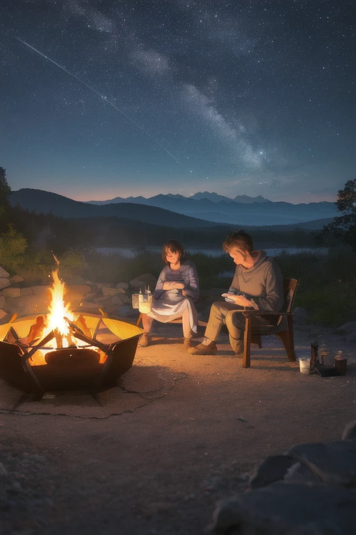 (a cozy campfire),(warm firelight),(crackling sounds),outdoor scene,lush green foliage,clear night sky,gathering of friends,roasting marshmallows,smell of roasted marshmallows,warm and inviting atmosphere,relaxing and peaceful ambiance,silhouette of trees and mountains in the background,flickering flames,glowing embers,dancing shadows,stars shining brightly,quiet and serene environment,laughter and conversation,feeling of connection and togetherness,(realistic,photorealistic:1.37),(vivid colors:1.1),(bokeh:0.9)